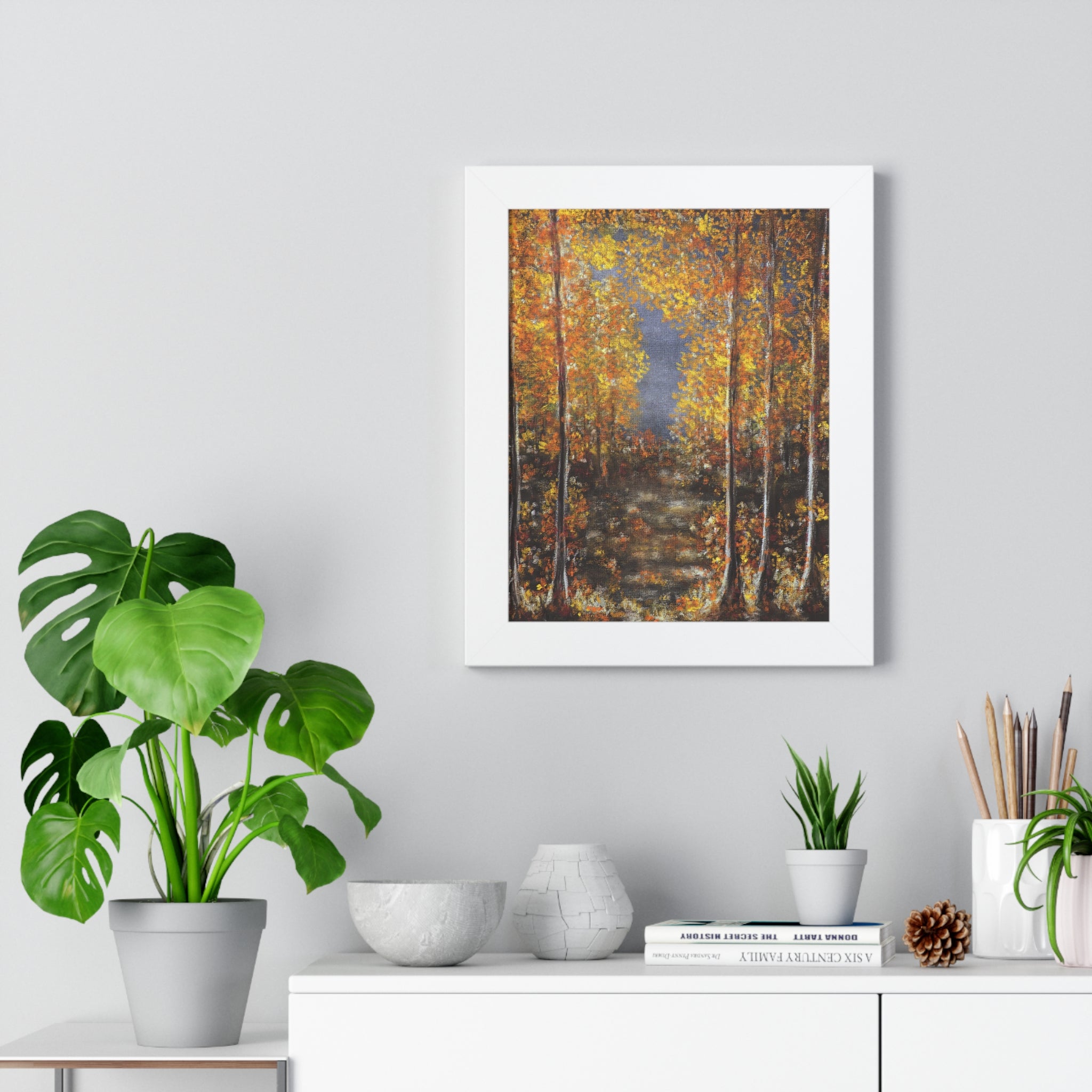 Autumn Birch Forest Framed Vertical Poster – Fall Landscape Wall Art
