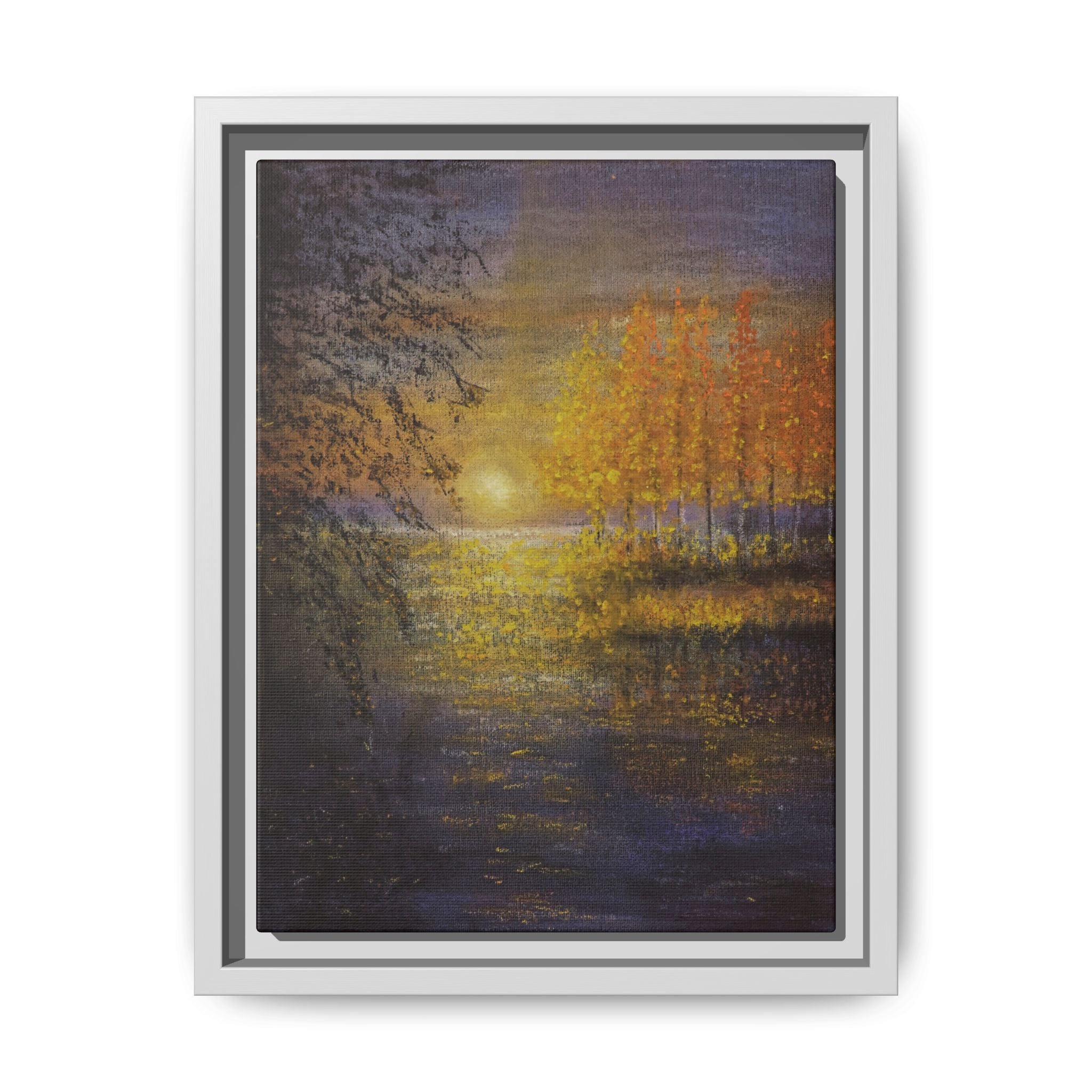 Framed Matte Canvas Painting - Golden Trees Over Tranquil Lake