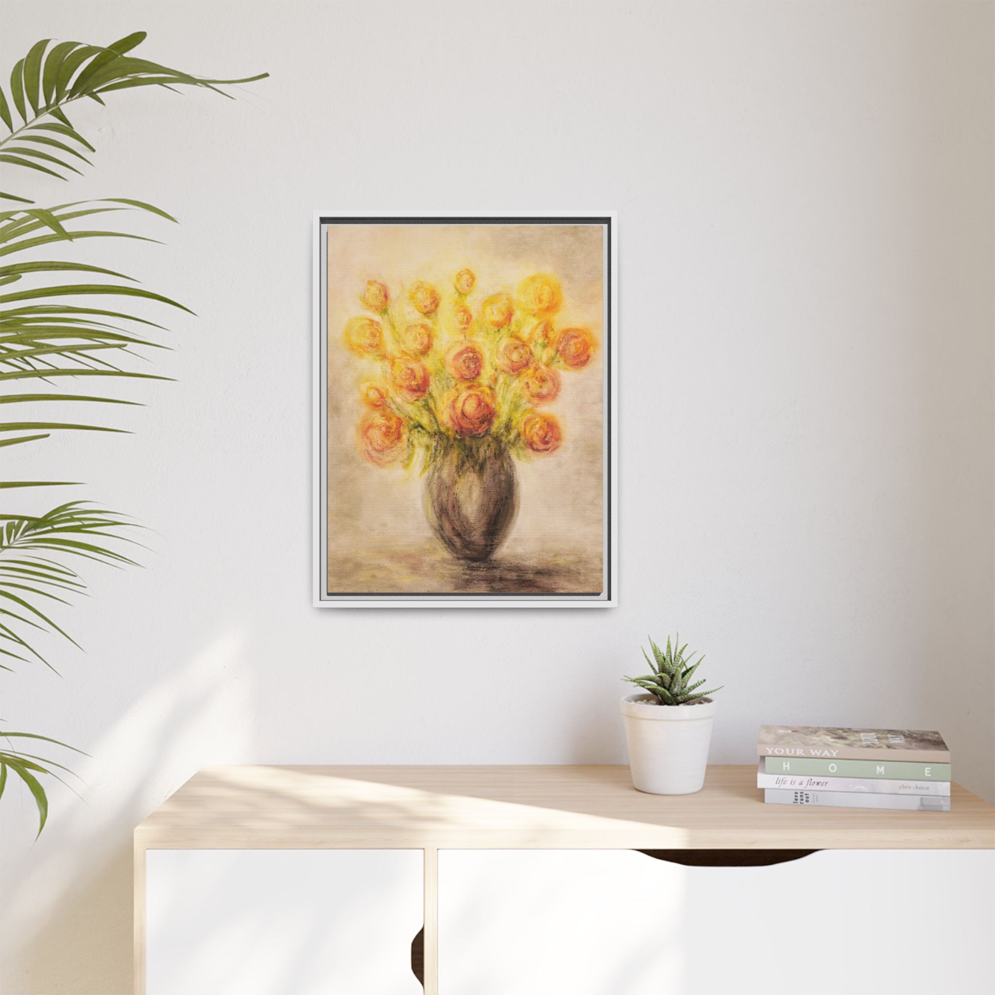 Framed Matte Canvas Floral Bouquet Wall Art — Yellow Rose Vase Print