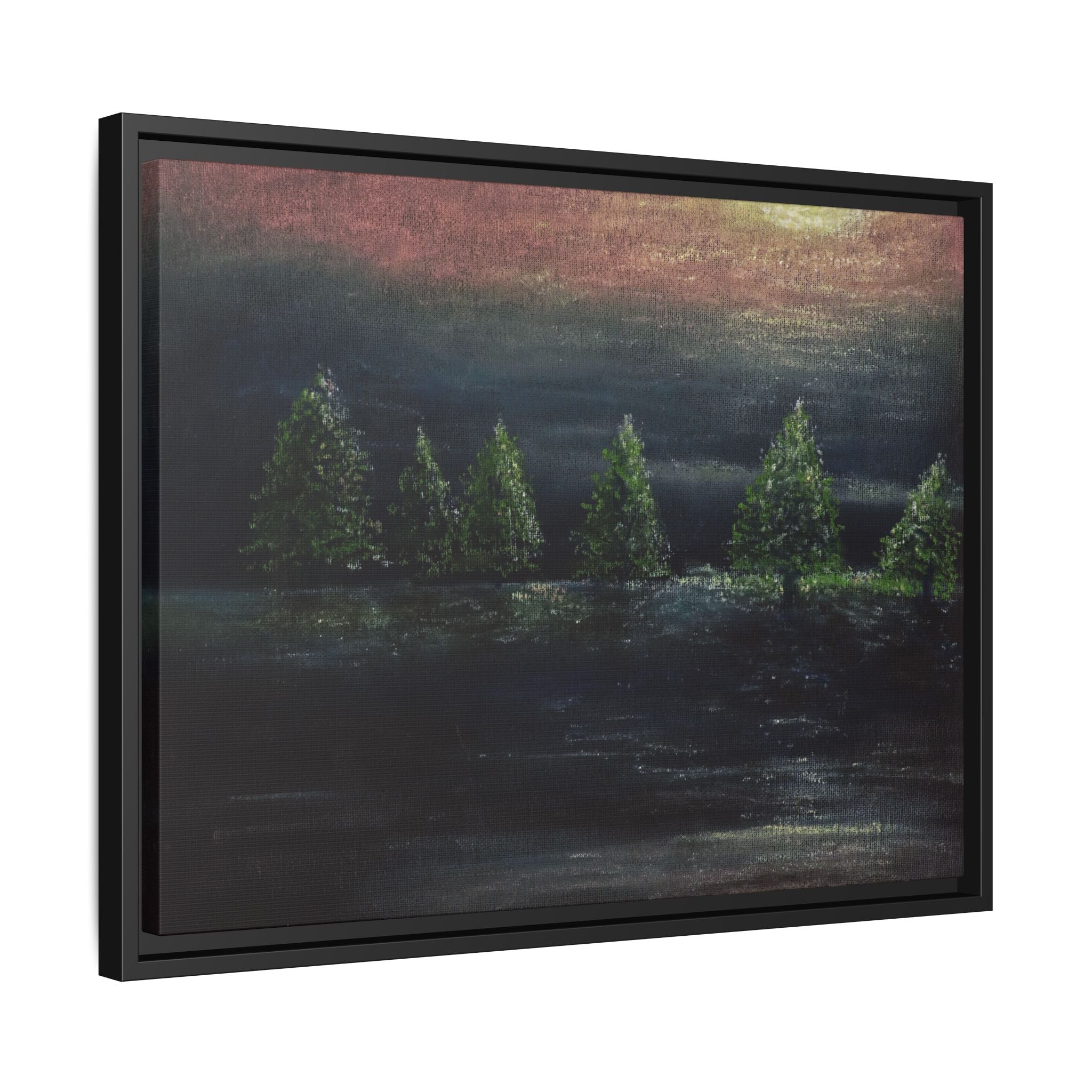 Framed Matte Canvas Wall Art — Moonlit Pine Trees Landscape