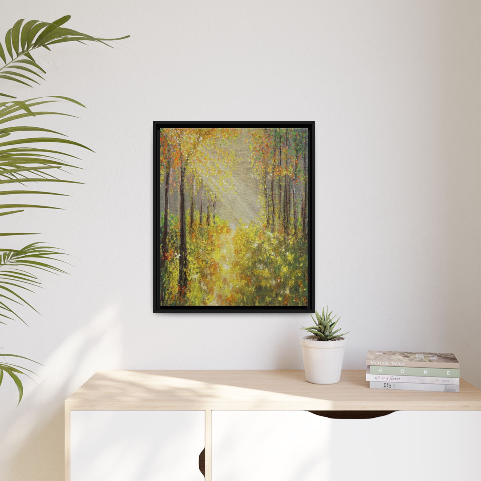 Sunlit Forest Path Framed Canvas Art — Autumn Woodland Wall Decor