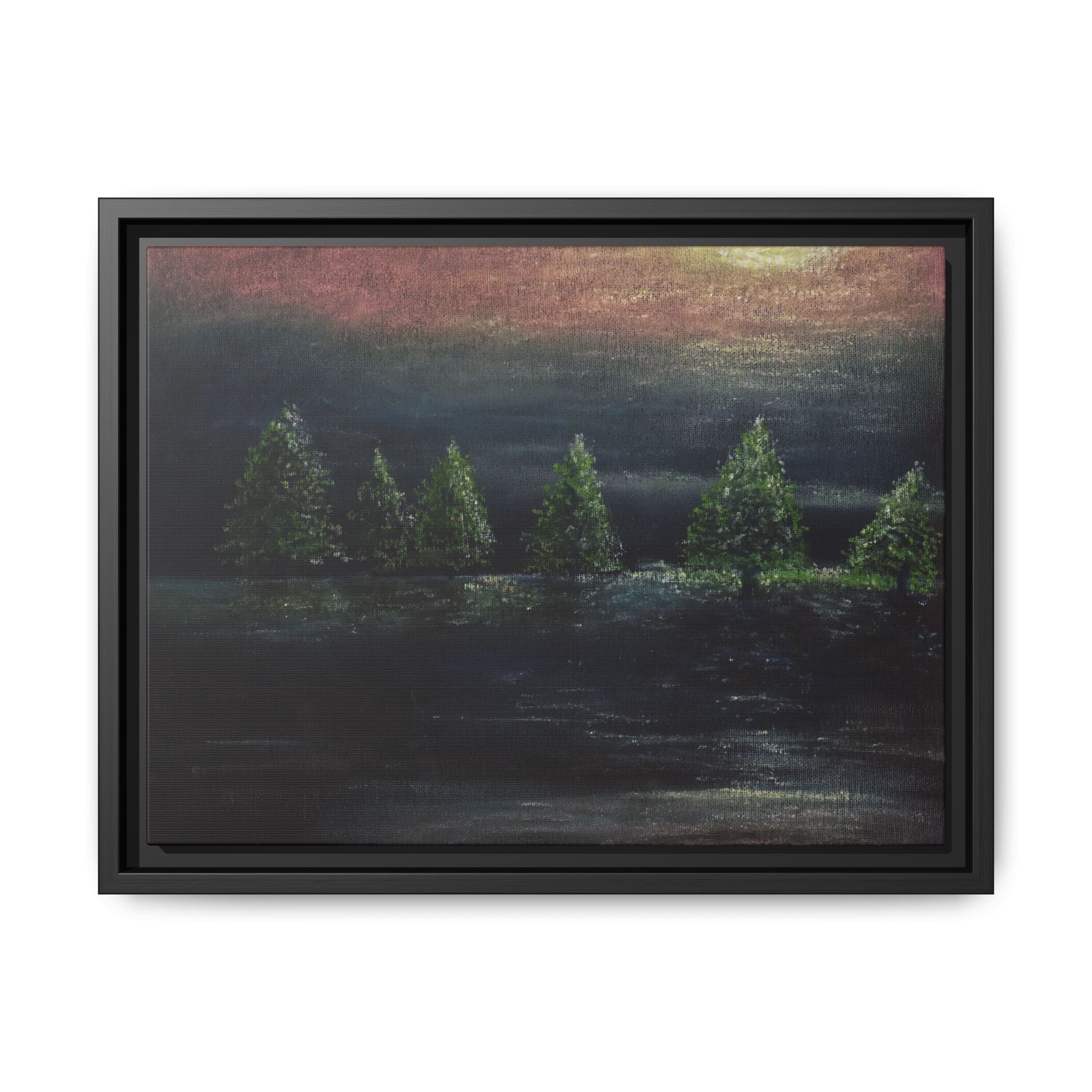 Framed Matte Canvas Wall Art — Moonlit Pine Trees Landscape