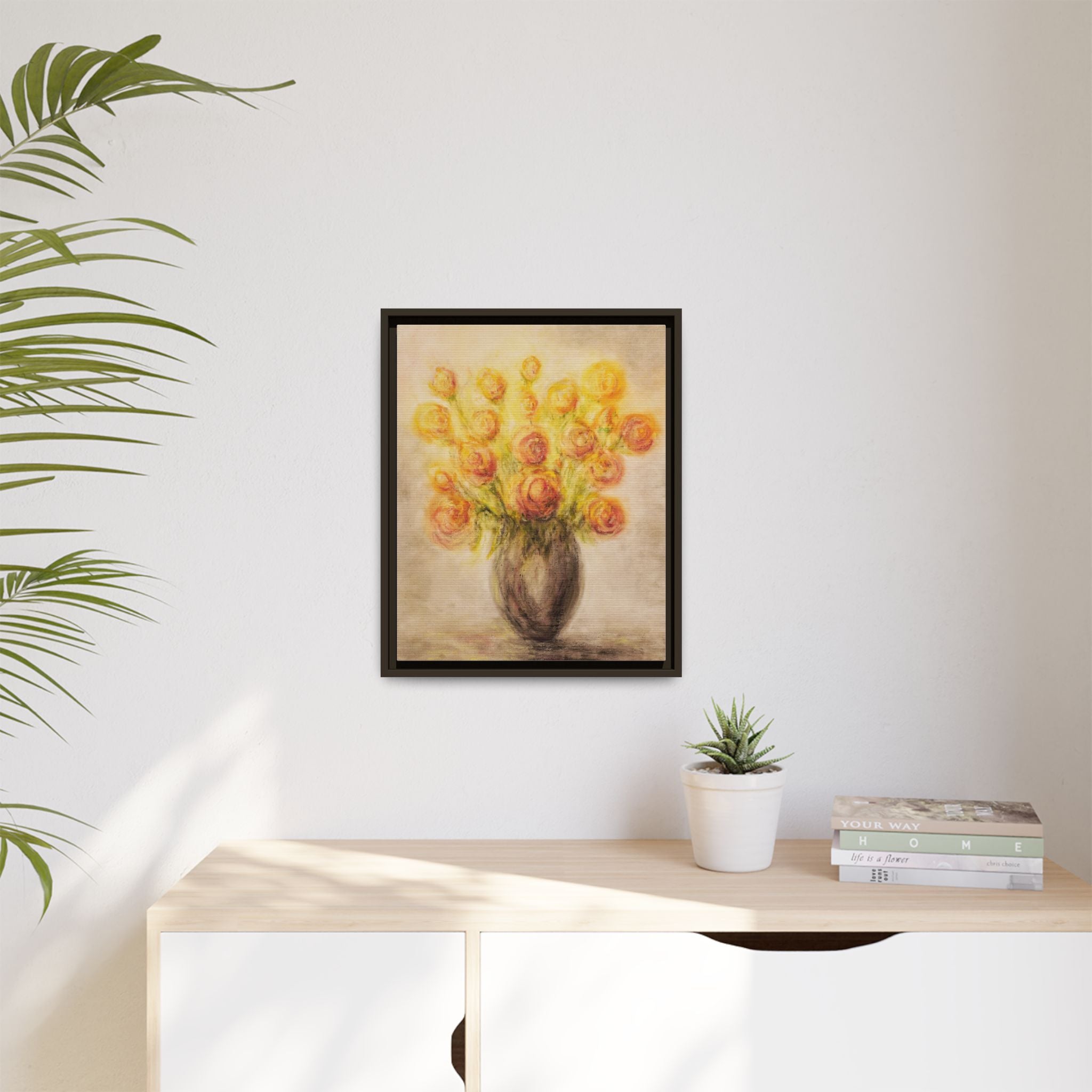 Framed Matte Canvas Floral Bouquet Wall Art — Yellow Rose Vase Print