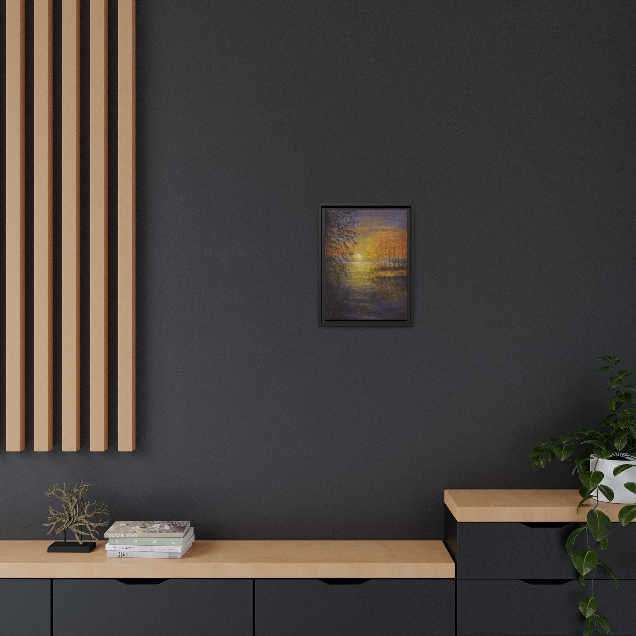 Framed Matte Canvas Painting - Golden Trees Over Tranquil Lake