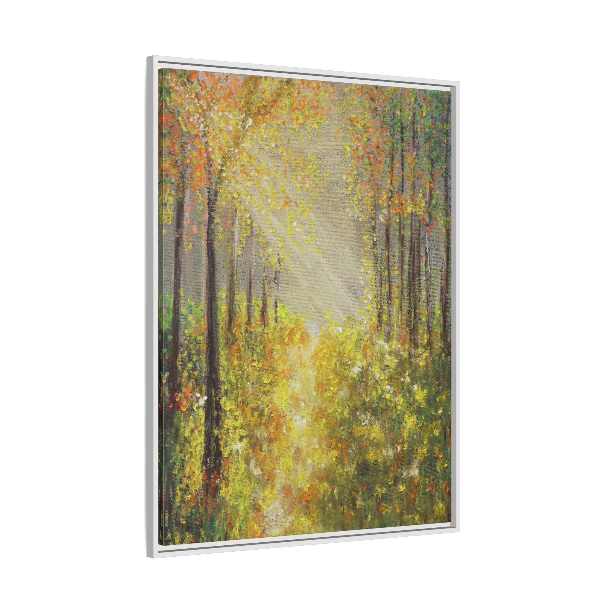 Sunlit Forest Path Framed Canvas Art — Autumn Woodland Wall Decor