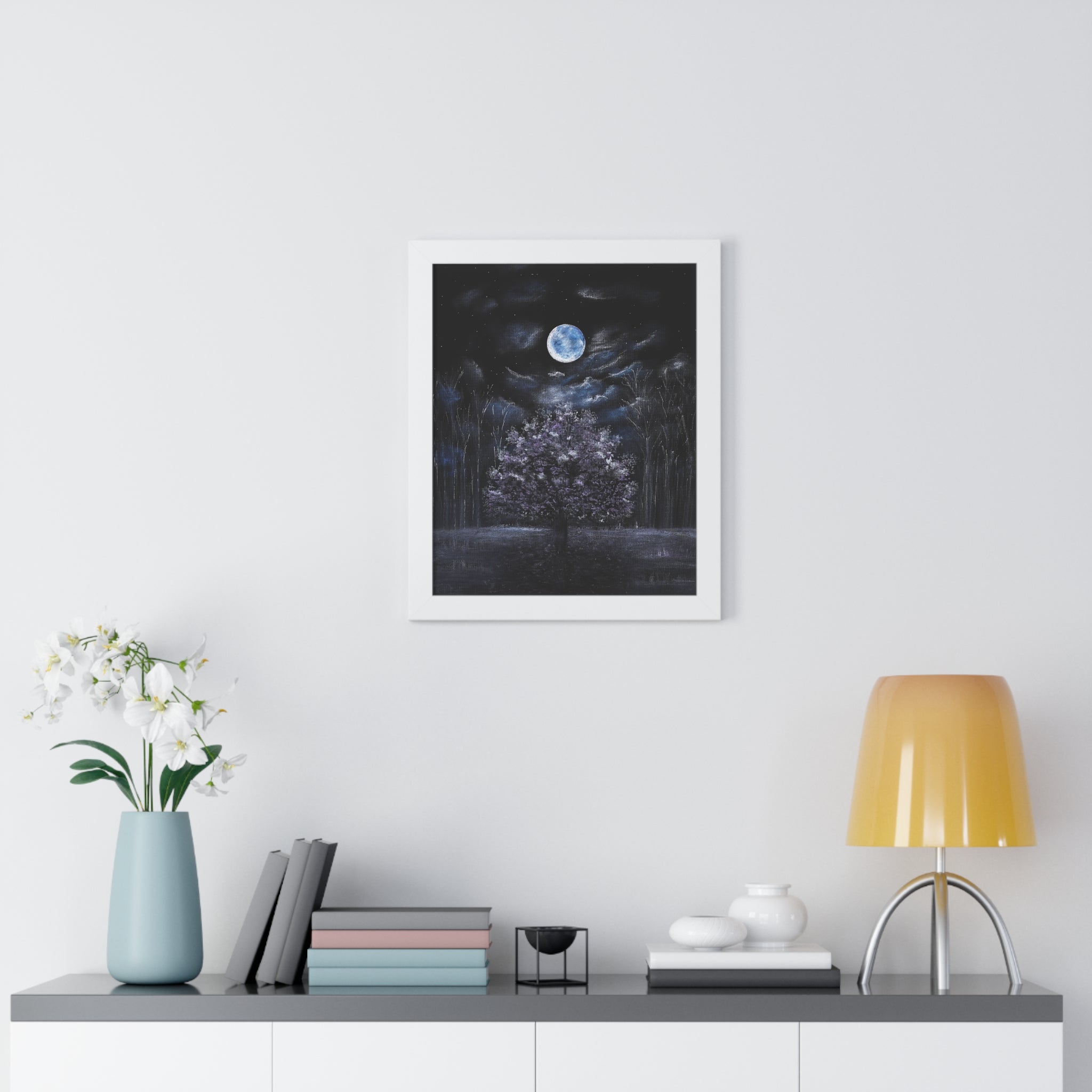 Framed Poster - Moonlit Night Tree Vertical Art Print
