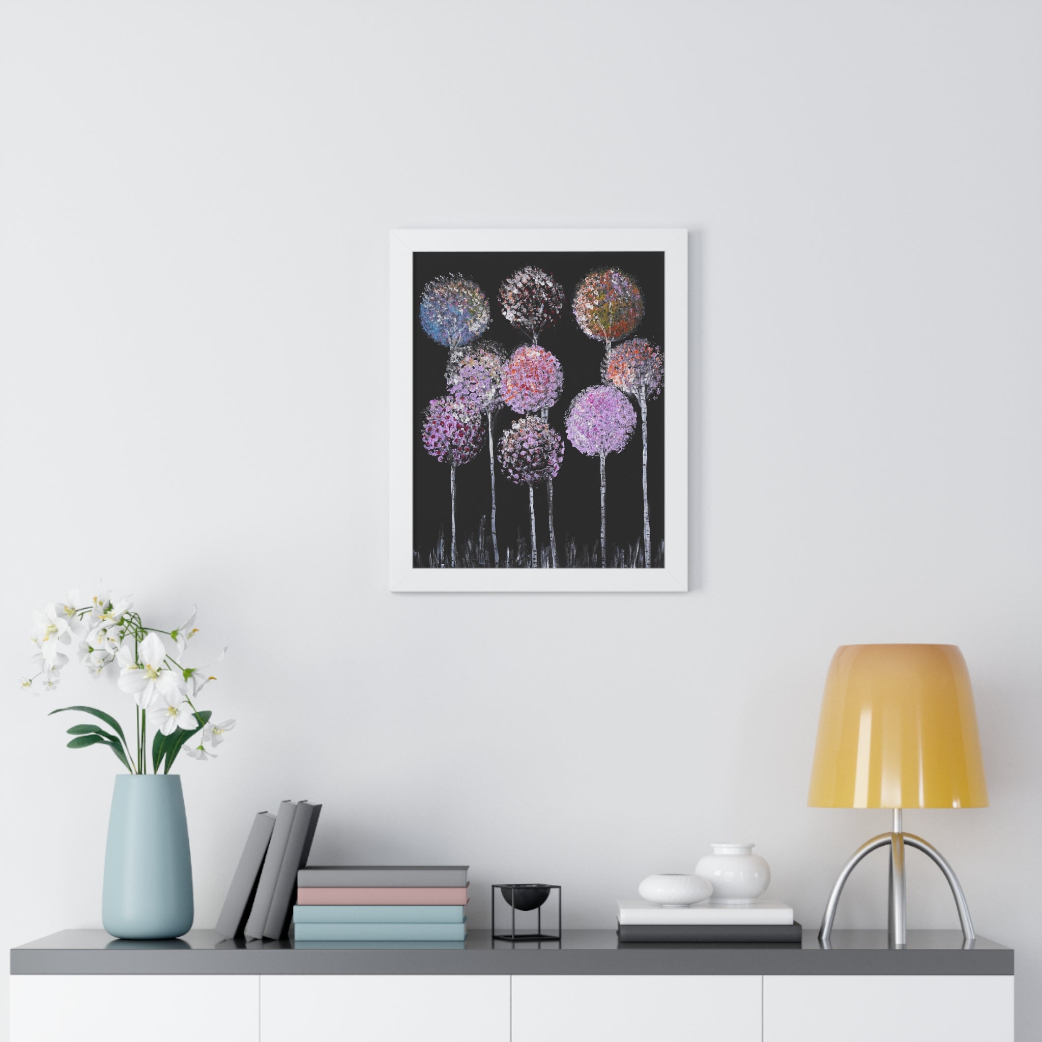 Framed Poster — Pastel Floral Art on Black | Vertical Wall Print