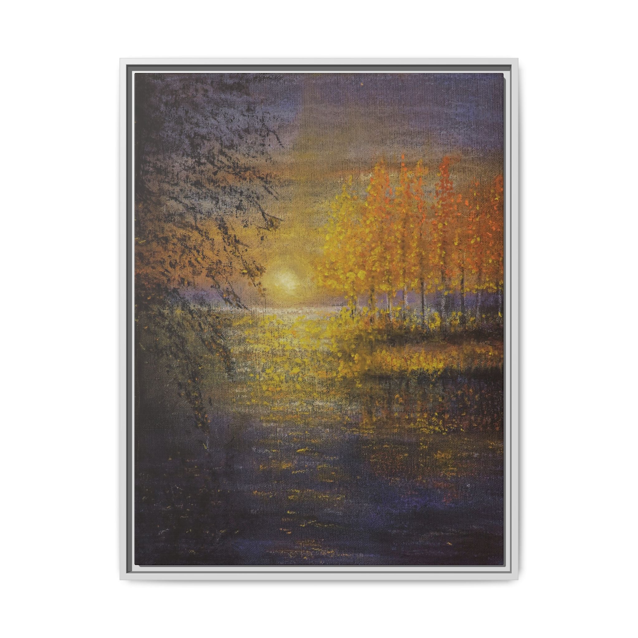 Framed Matte Canvas Painting - Golden Trees Over Tranquil Lake