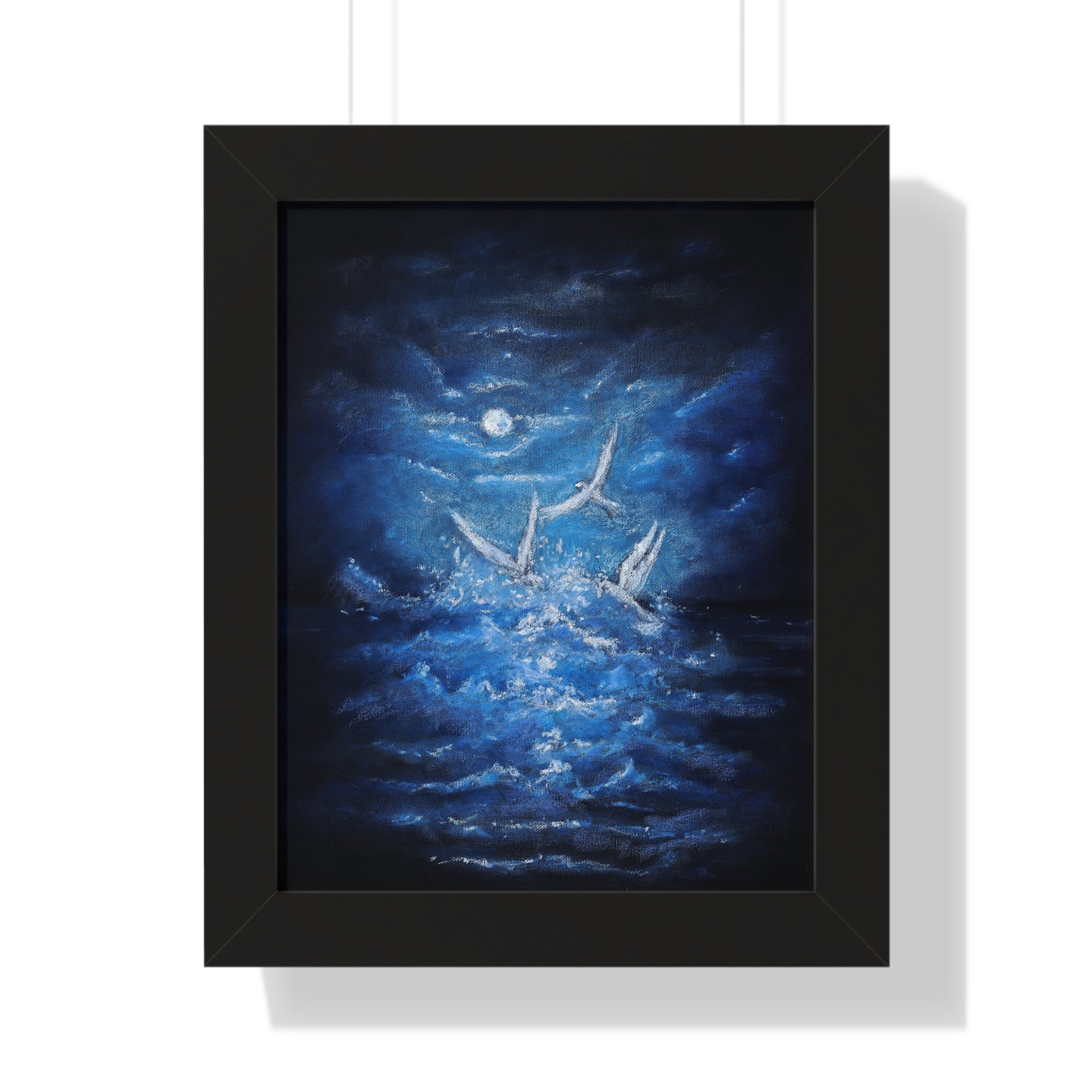 Framed Poster — Moonlit Sea with Flying Birds (Vertical)