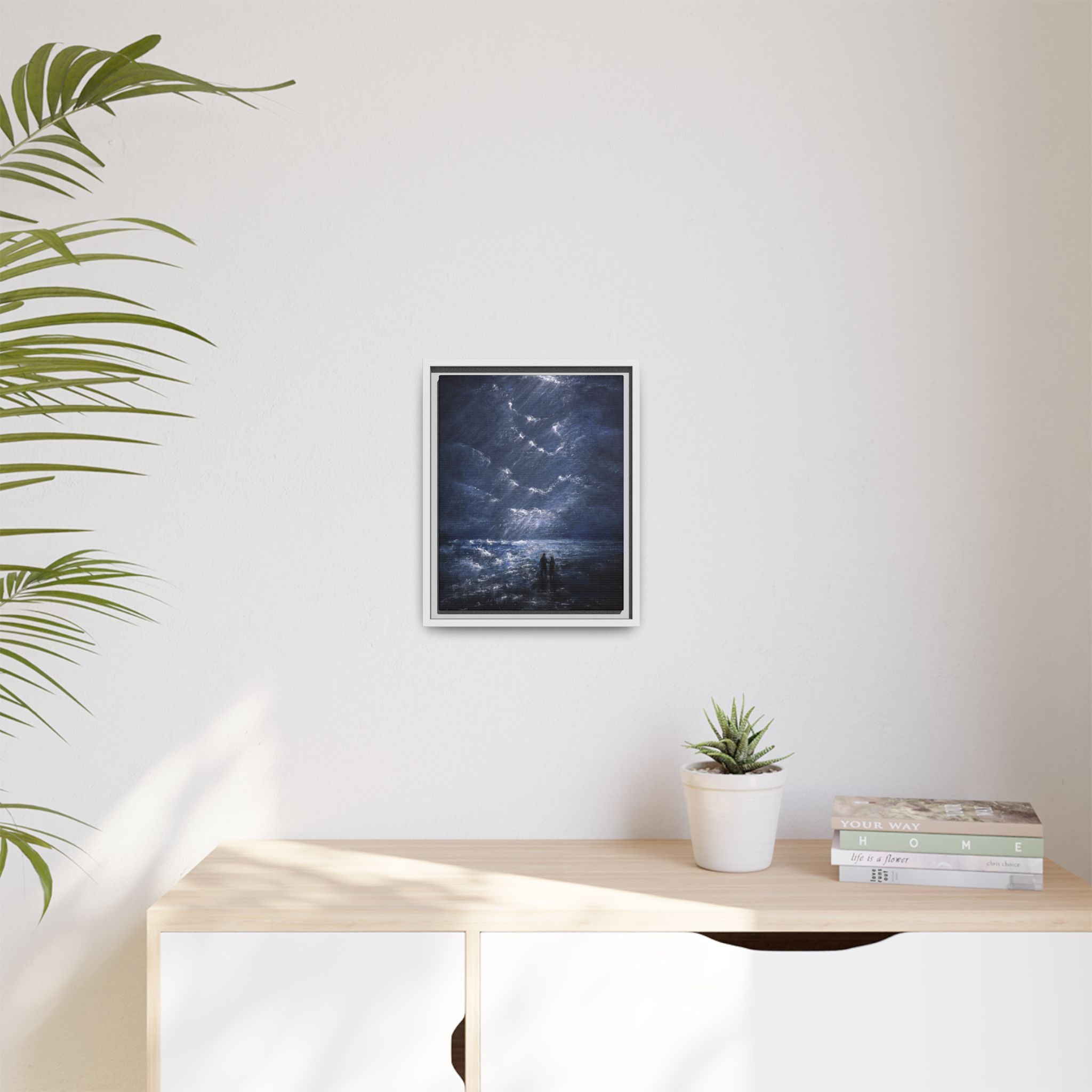 Couple on Shore at Night - Framed Canvas Art
