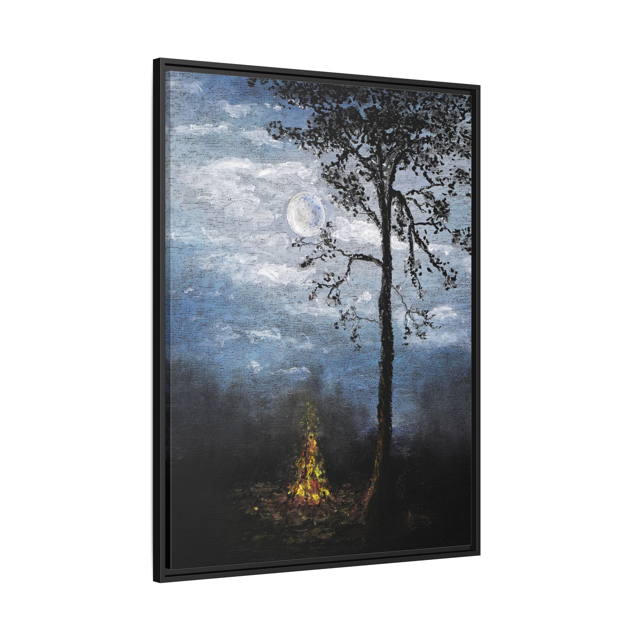 Framed Matte Canvas Print — Moonlit Campfire Landscape