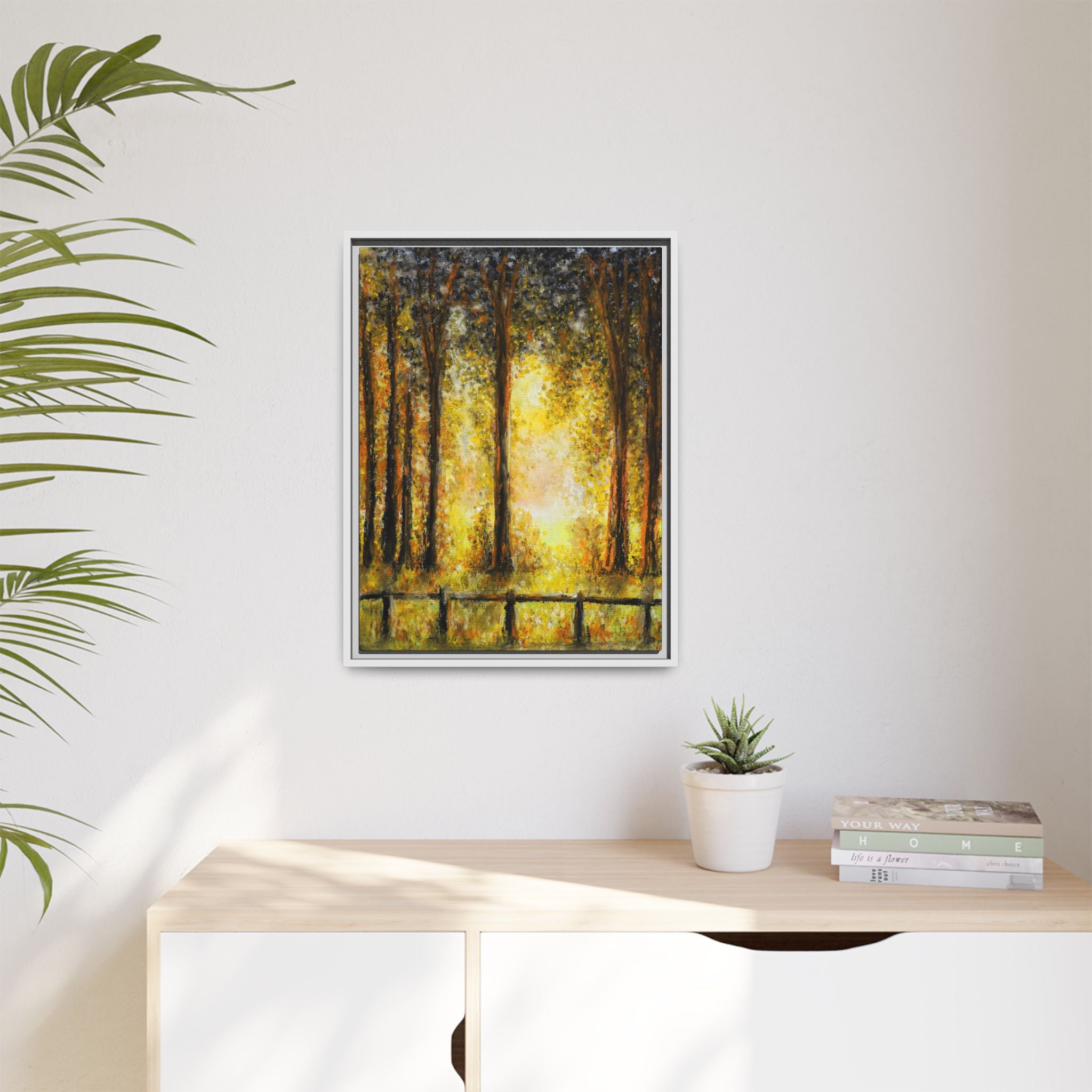 Framed Matte Canvas Art – Golden Forest Sunrise Landscape
