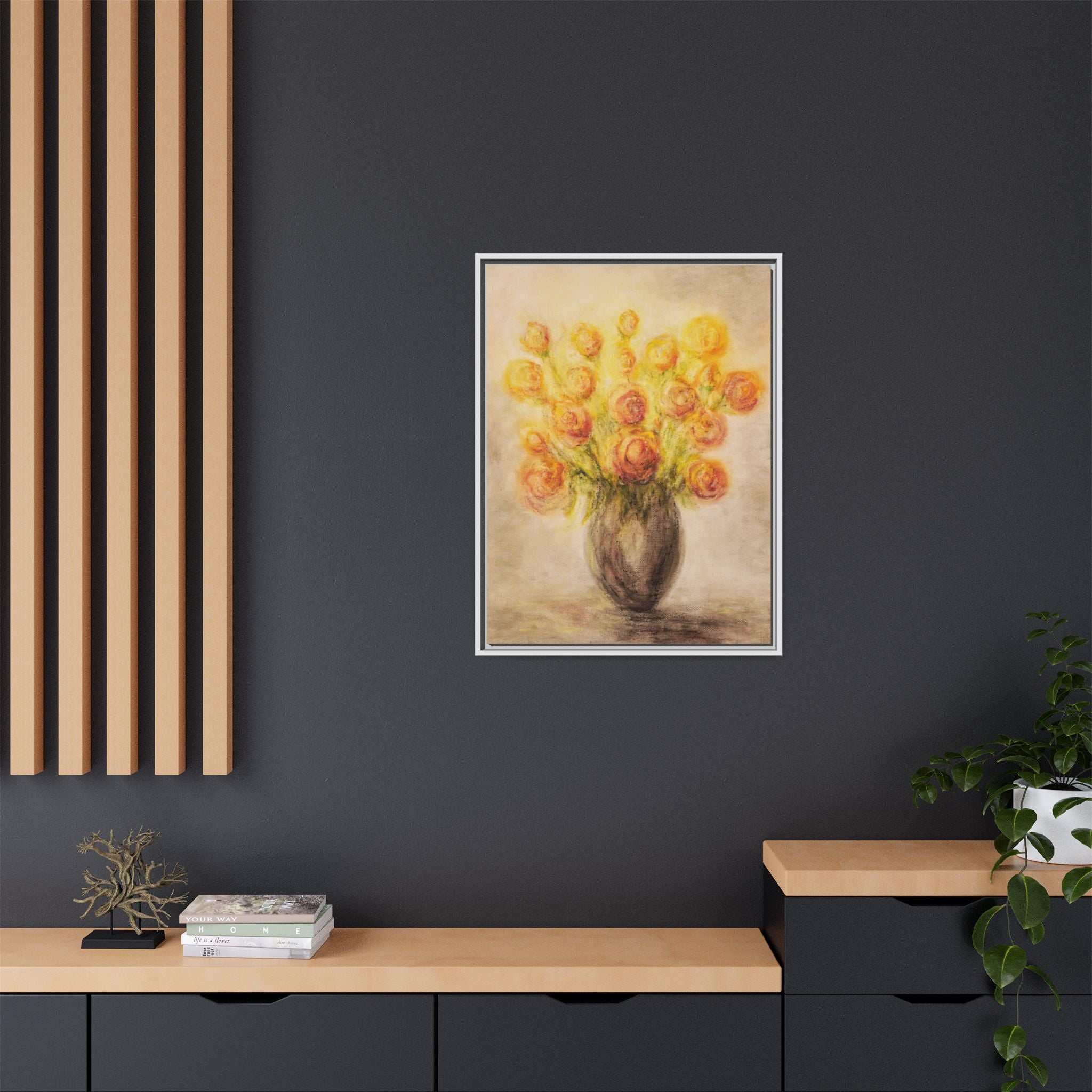Framed Matte Canvas Floral Bouquet Wall Art — Yellow Rose Vase Print