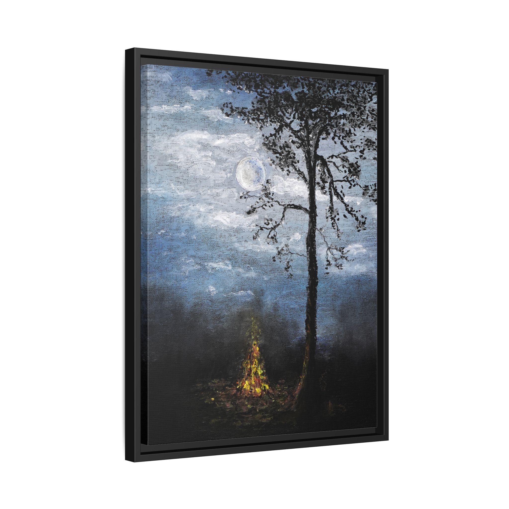 Framed Matte Canvas Print — Moonlit Campfire Landscape