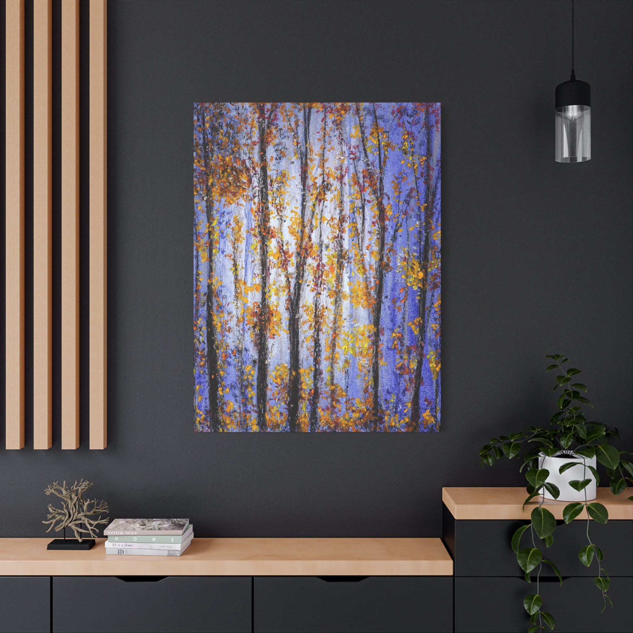 Autumn Aspens Matte Stretched Canvas – Purple & Gold Forest Wall Art (1.25")