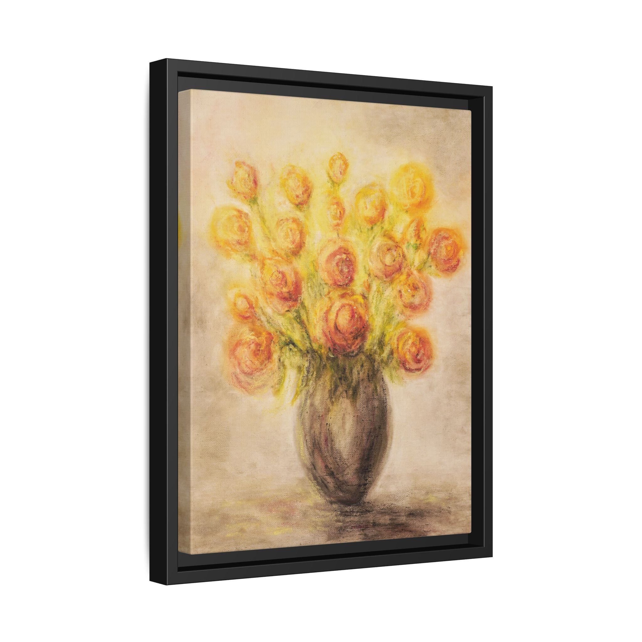 Framed Matte Canvas Floral Bouquet Wall Art — Yellow Rose Vase Print