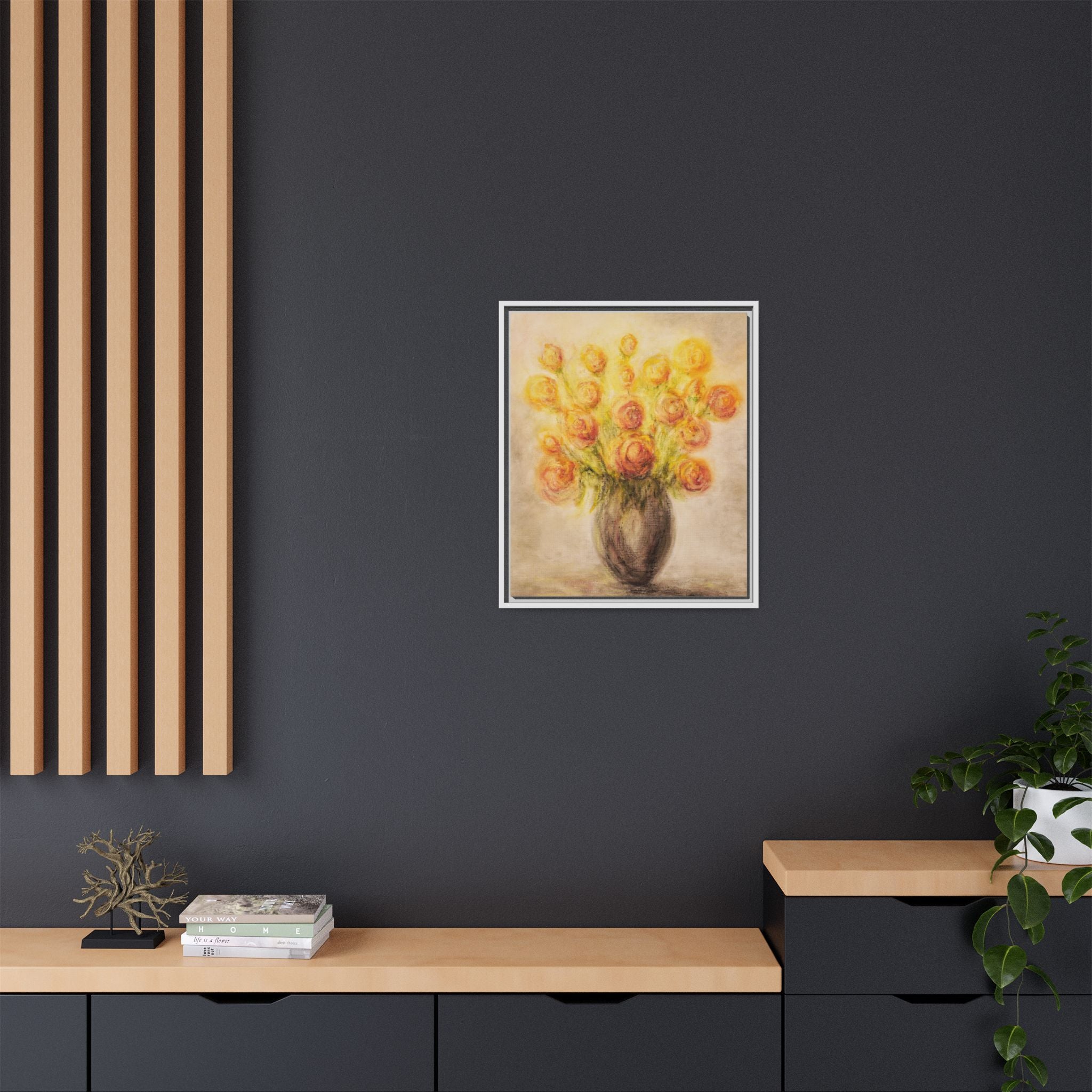 Framed Matte Canvas Floral Bouquet Wall Art — Yellow Rose Vase Print
