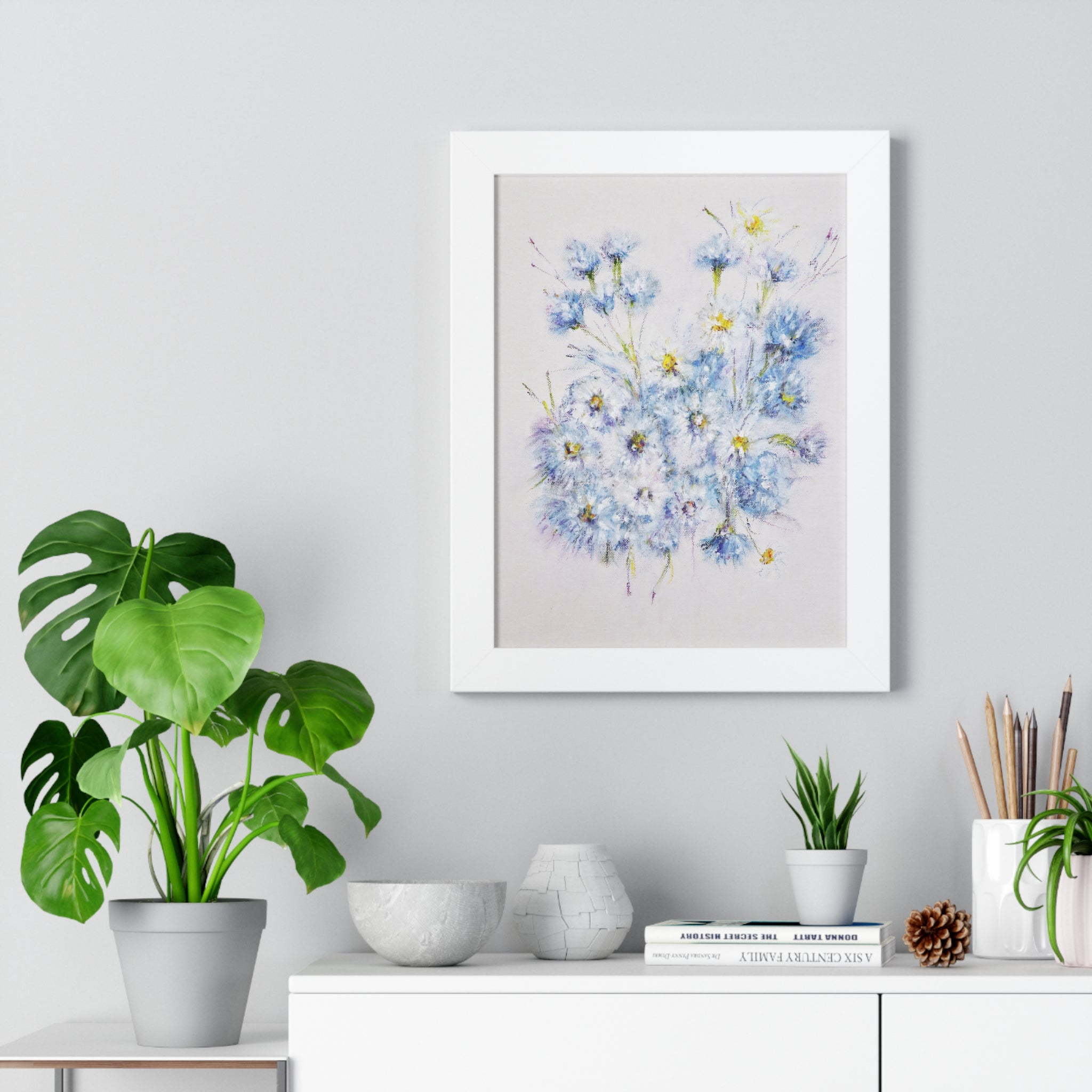 Framed Floral Poster — Blue Wildflower Art Print (Vertical)