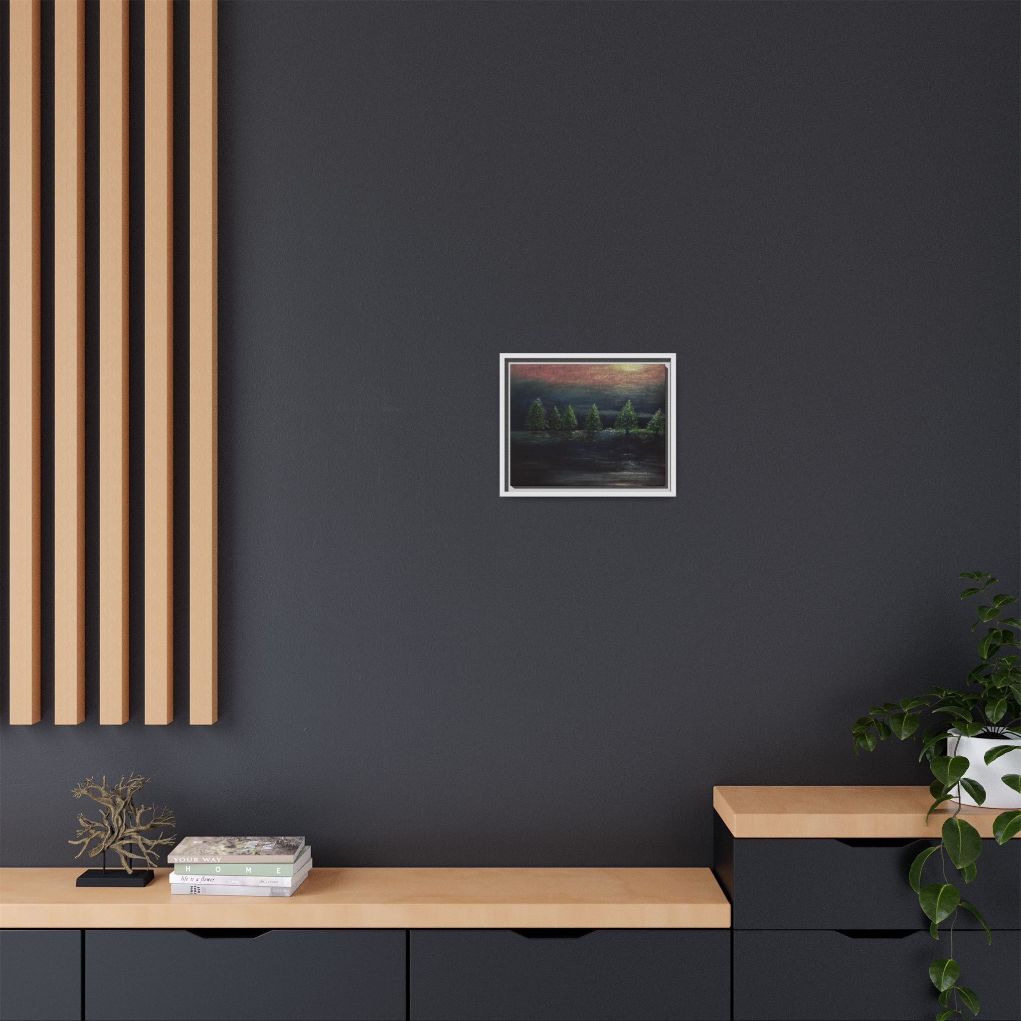 Framed Matte Canvas Wall Art — Moonlit Pine Trees Landscape