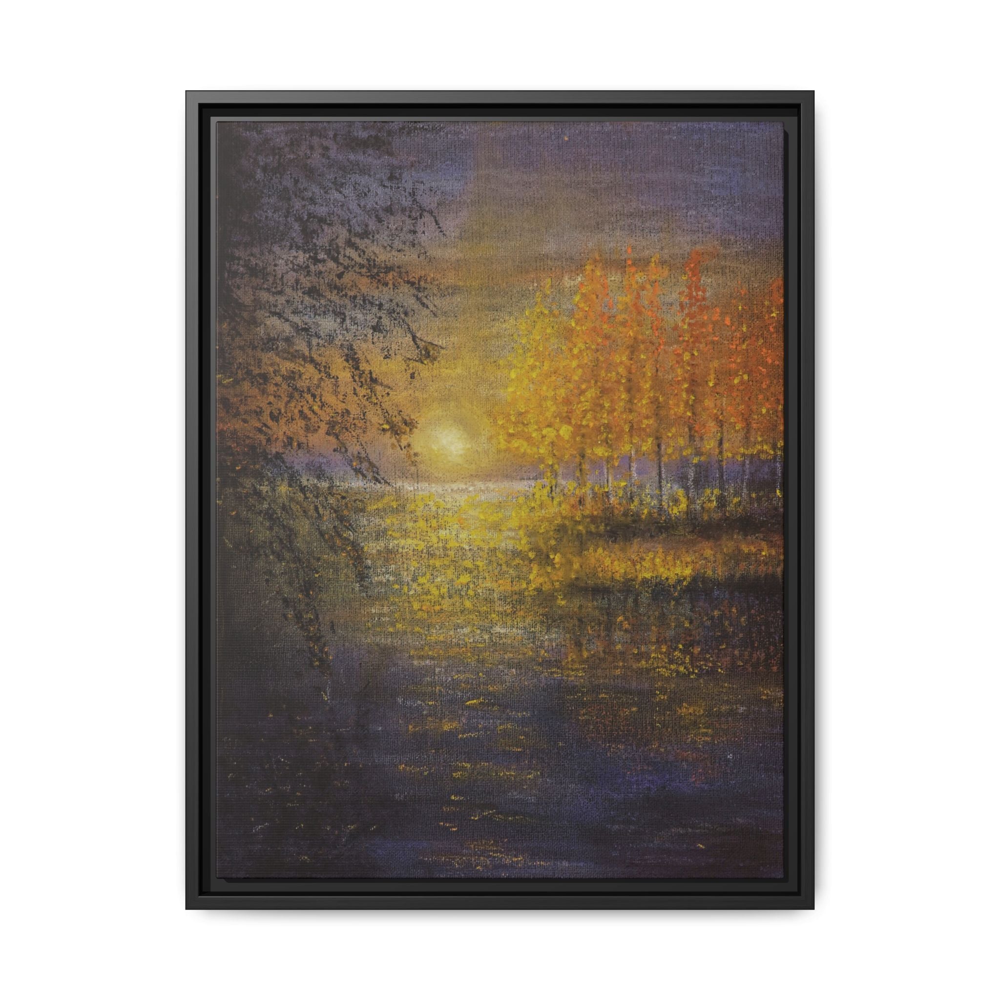 Framed Matte Canvas Painting - Golden Trees Over Tranquil Lake