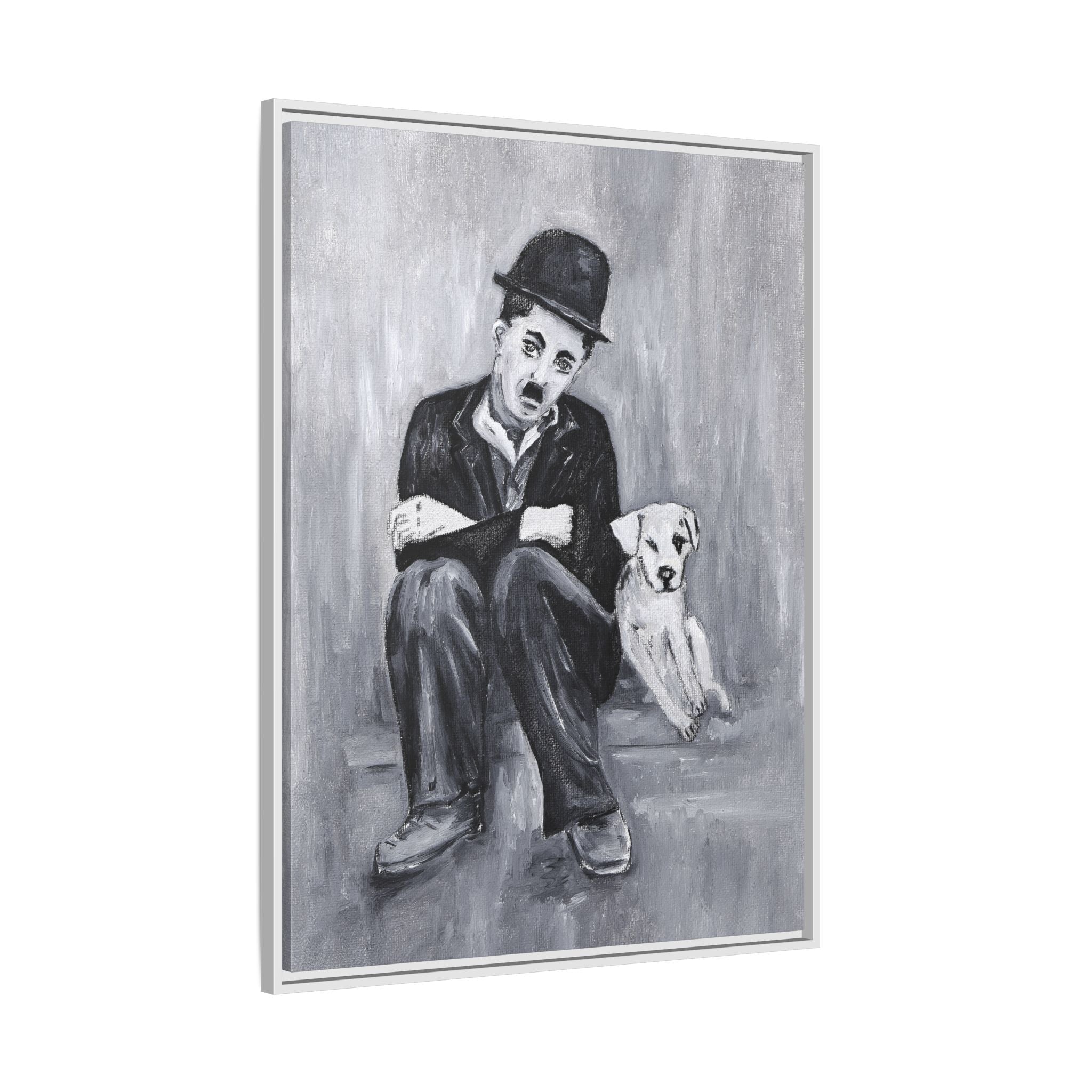Charlie Chaplin & Dog Matte Framed Canvas Print — Vintage Black & White Wall Art