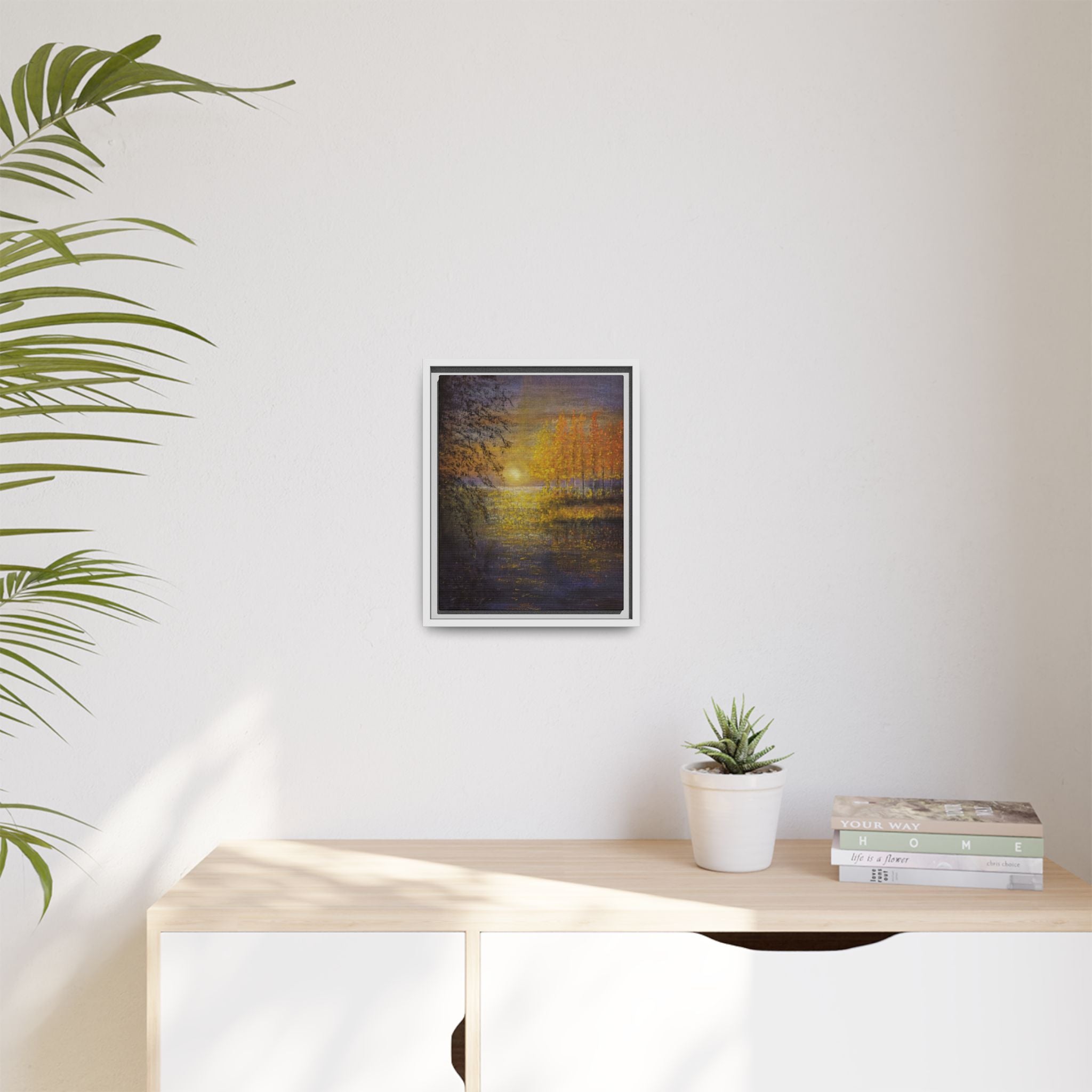 Framed Matte Canvas Painting - Golden Trees Over Tranquil Lake
