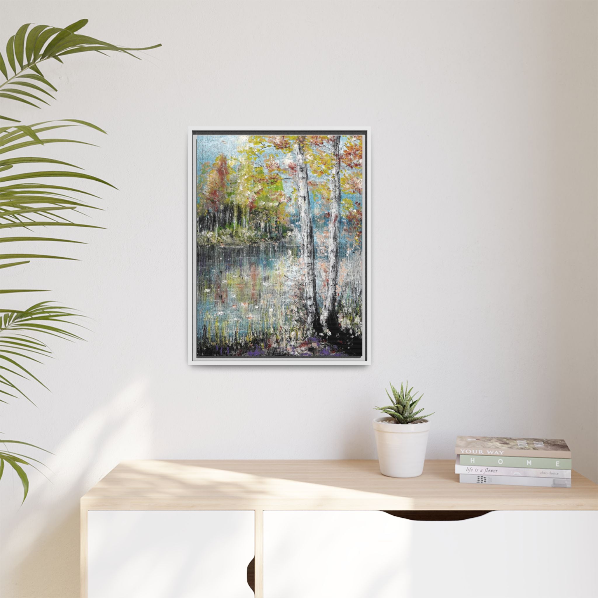 Framed Matte Canvas-Trees by the Lake