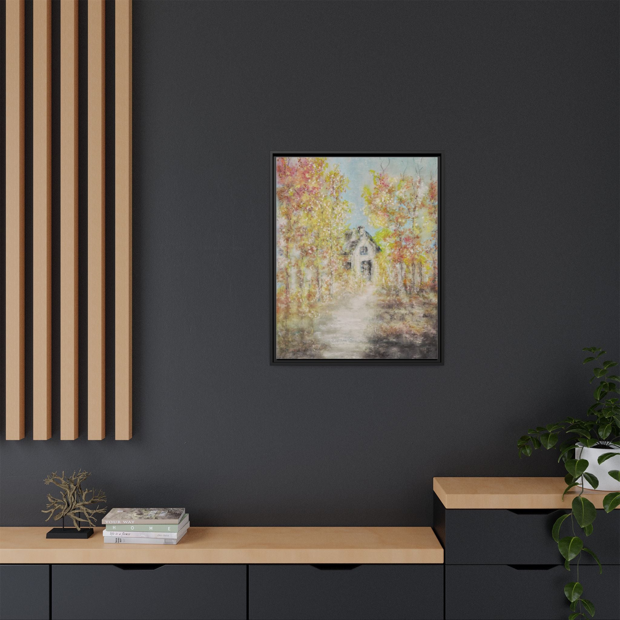 Framed Autumn Cottage Canvas Print — Rustic Fall Landscape Wall Art