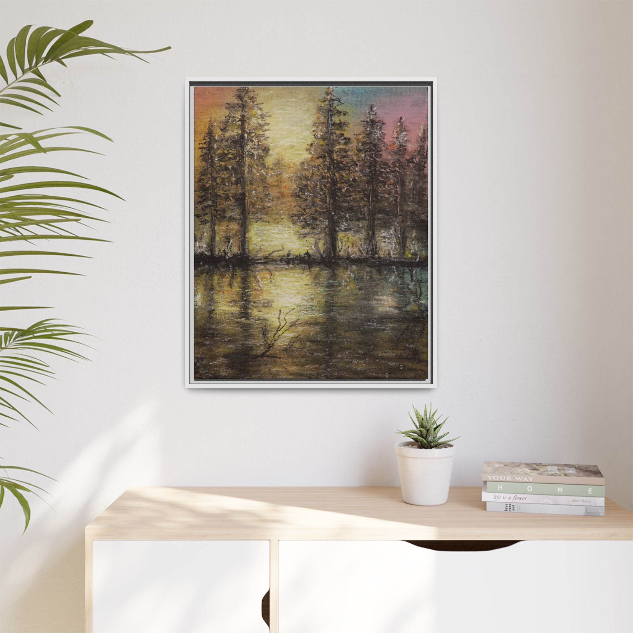 Framed Matte Canvas Wall Art — Sunset Forest Reflection