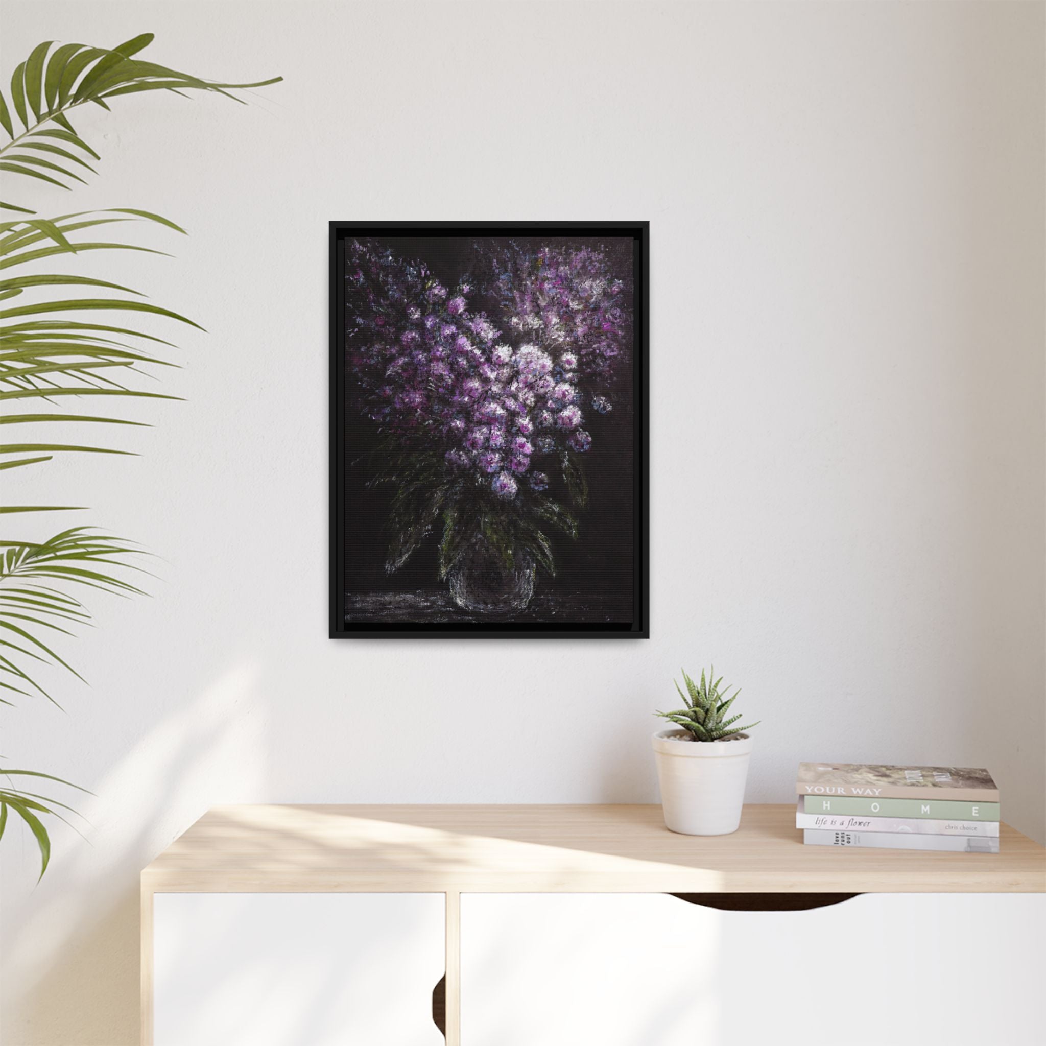 Framed Matte Canvas: Moody Purple Floral Bouquet Wall Art