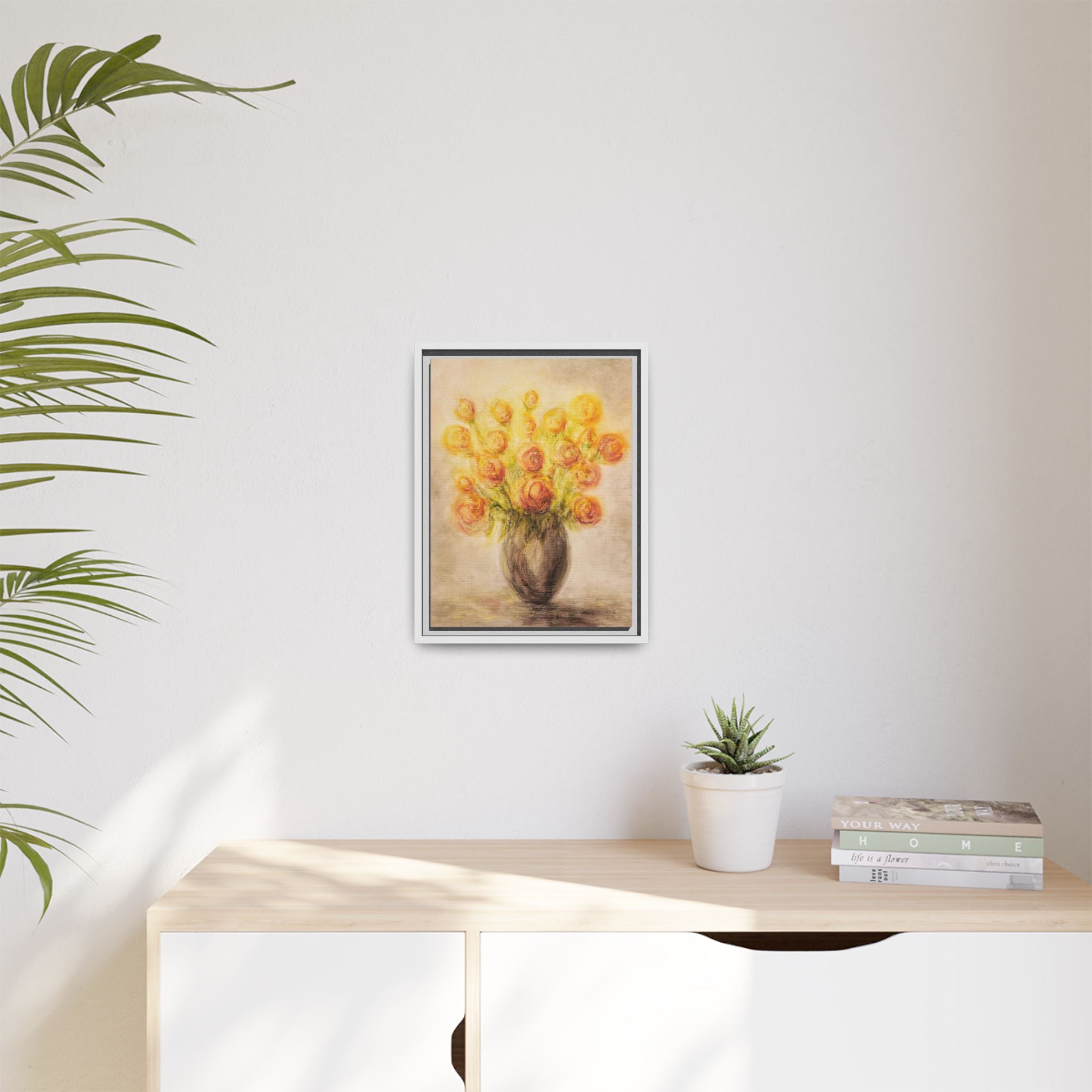 Framed Matte Canvas Floral Bouquet Wall Art — Yellow Rose Vase Print