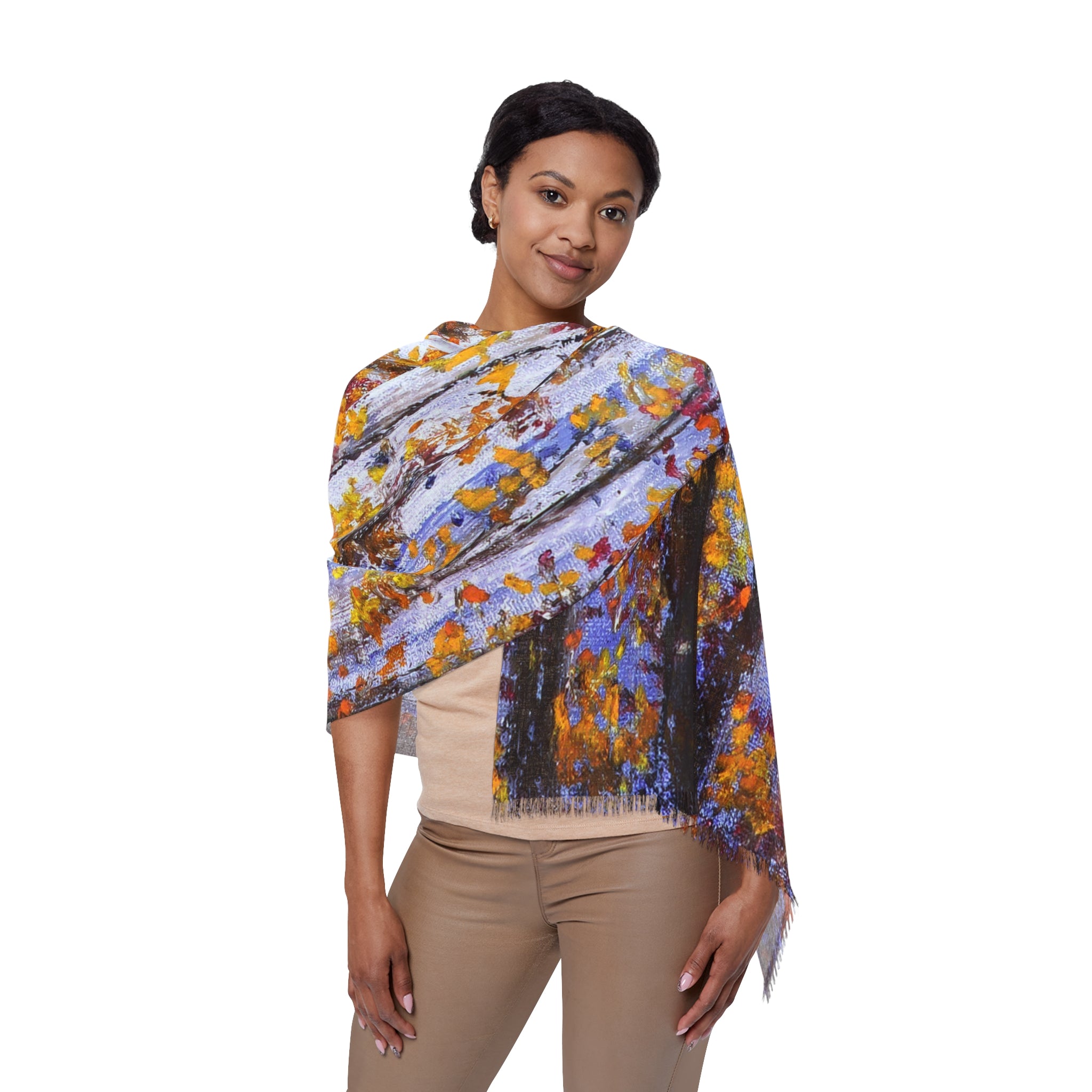 Autumn Birch Light Scarf – Soft Fall Leaves Print Fashion Wrap