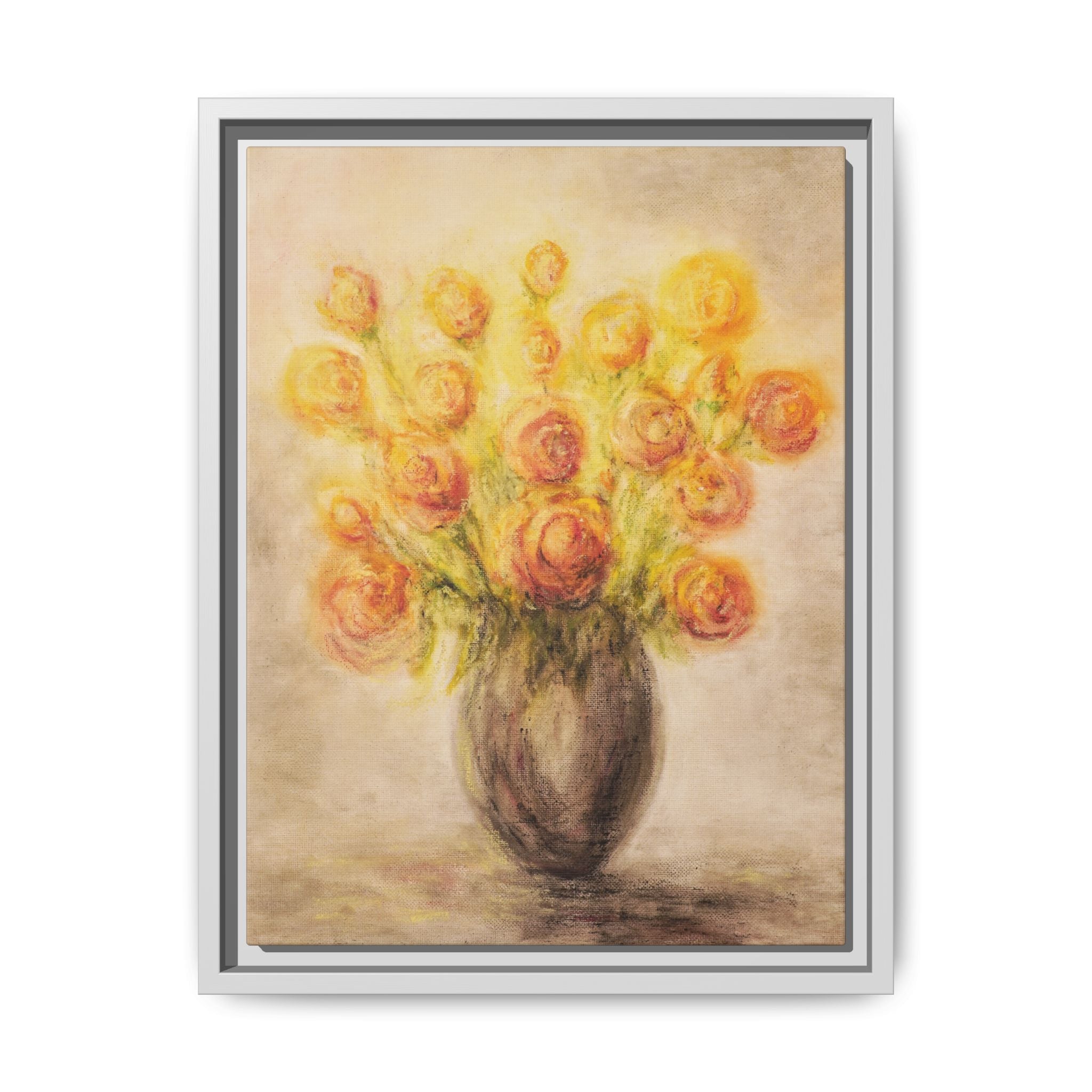 Framed Matte Canvas Floral Bouquet Wall Art — Yellow Rose Vase Print