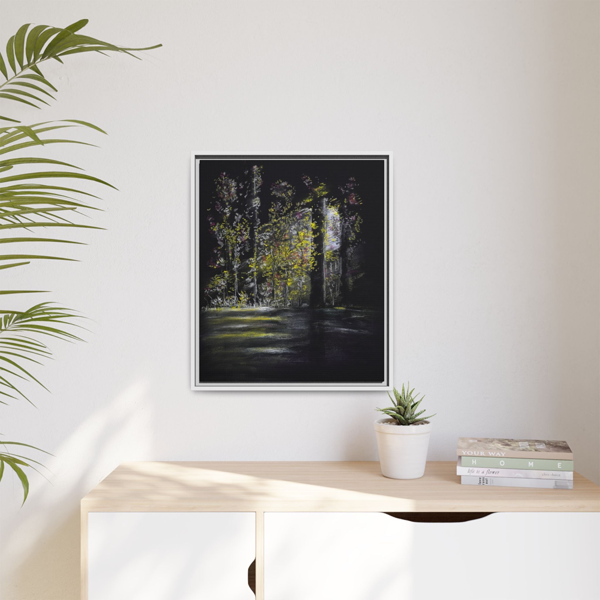 Framed Matte Canvas Forest Nightscape – Moody Woodland Wall Art