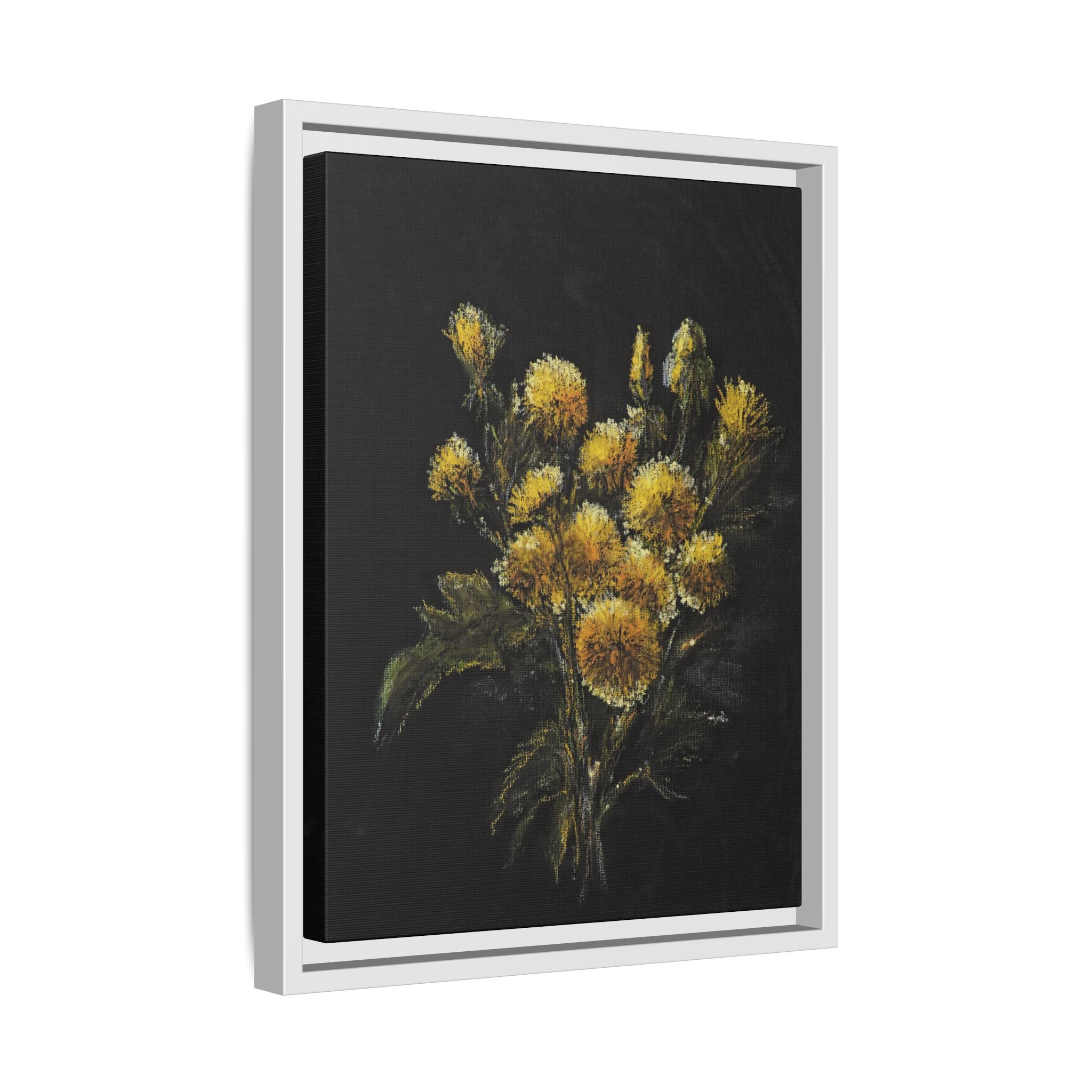 Framed Matte Canvas Print — Yellow Wildflower Bouquet on Black (Botanical Wall Art)