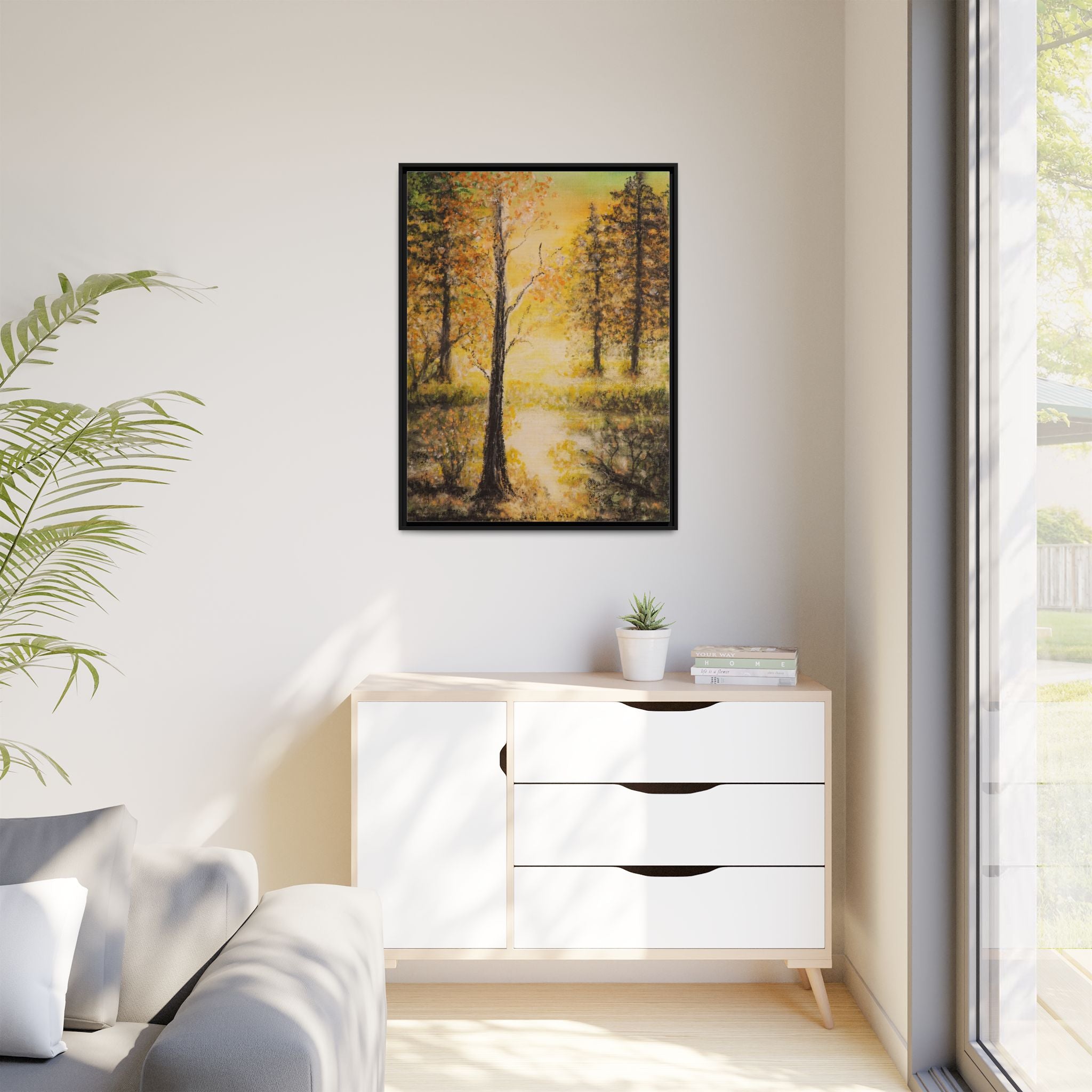 Framed Autumn Forest Canvas Print — Golden Lakeside Wall Art