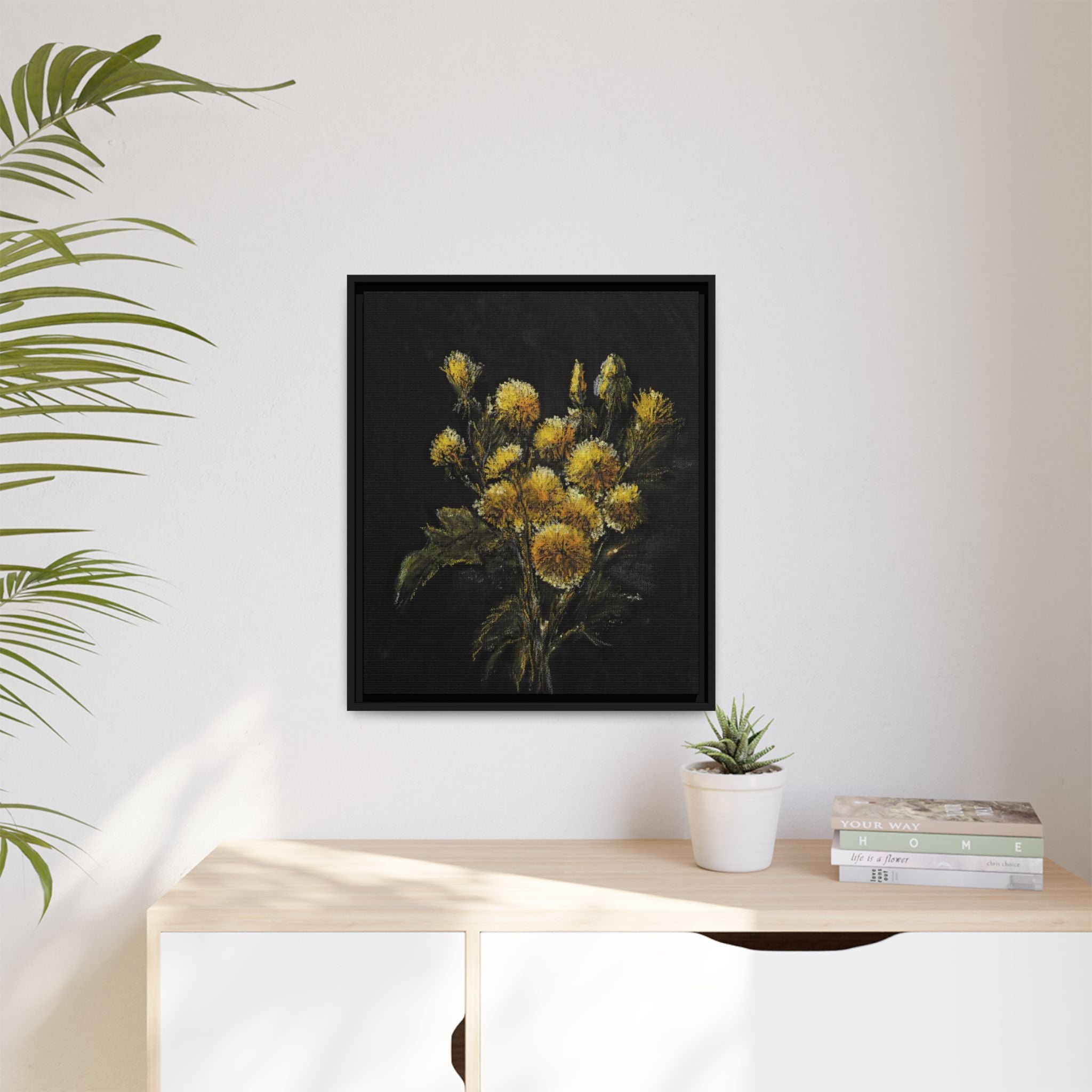 Framed Matte Canvas Print — Yellow Wildflower Bouquet on Black (Botanical Wall Art)