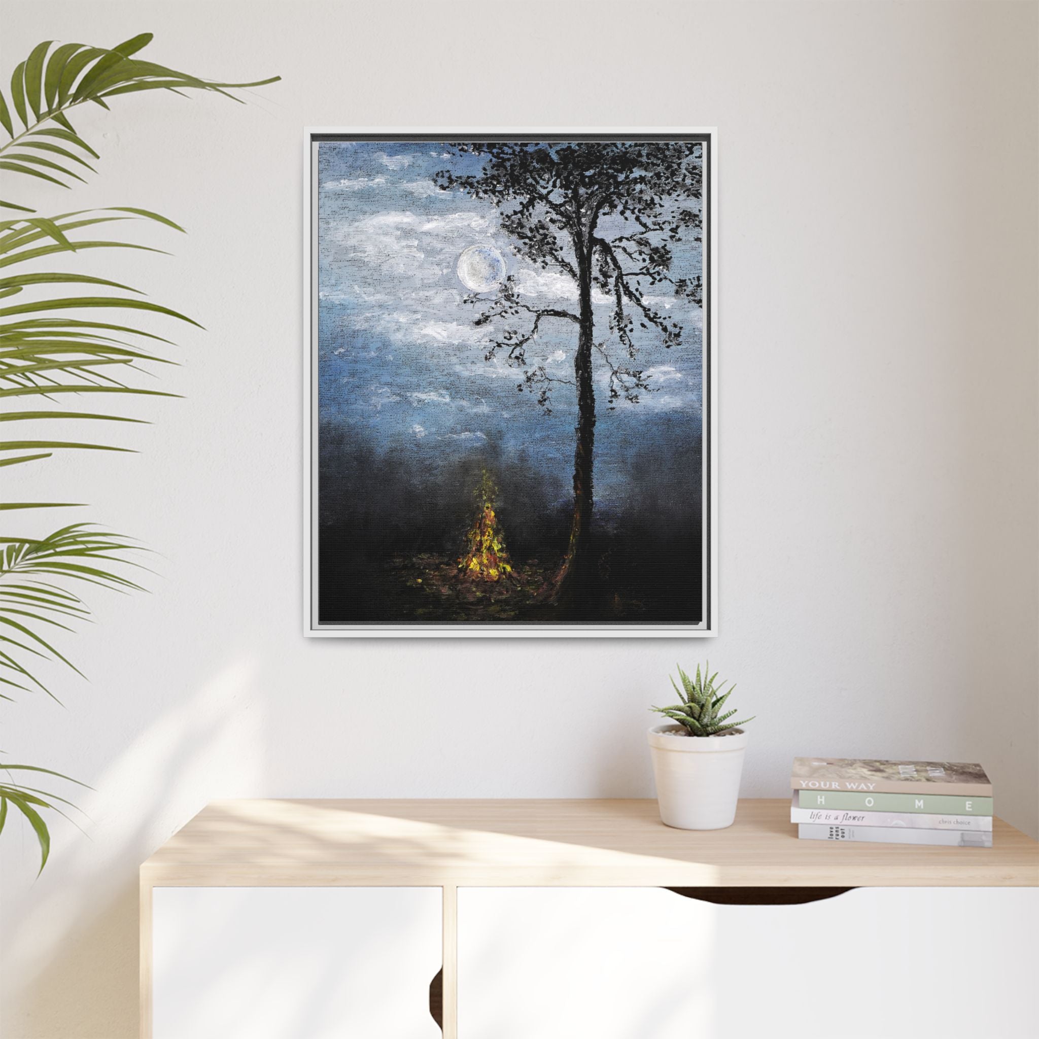 Framed Matte Canvas Print — Moonlit Campfire Landscape