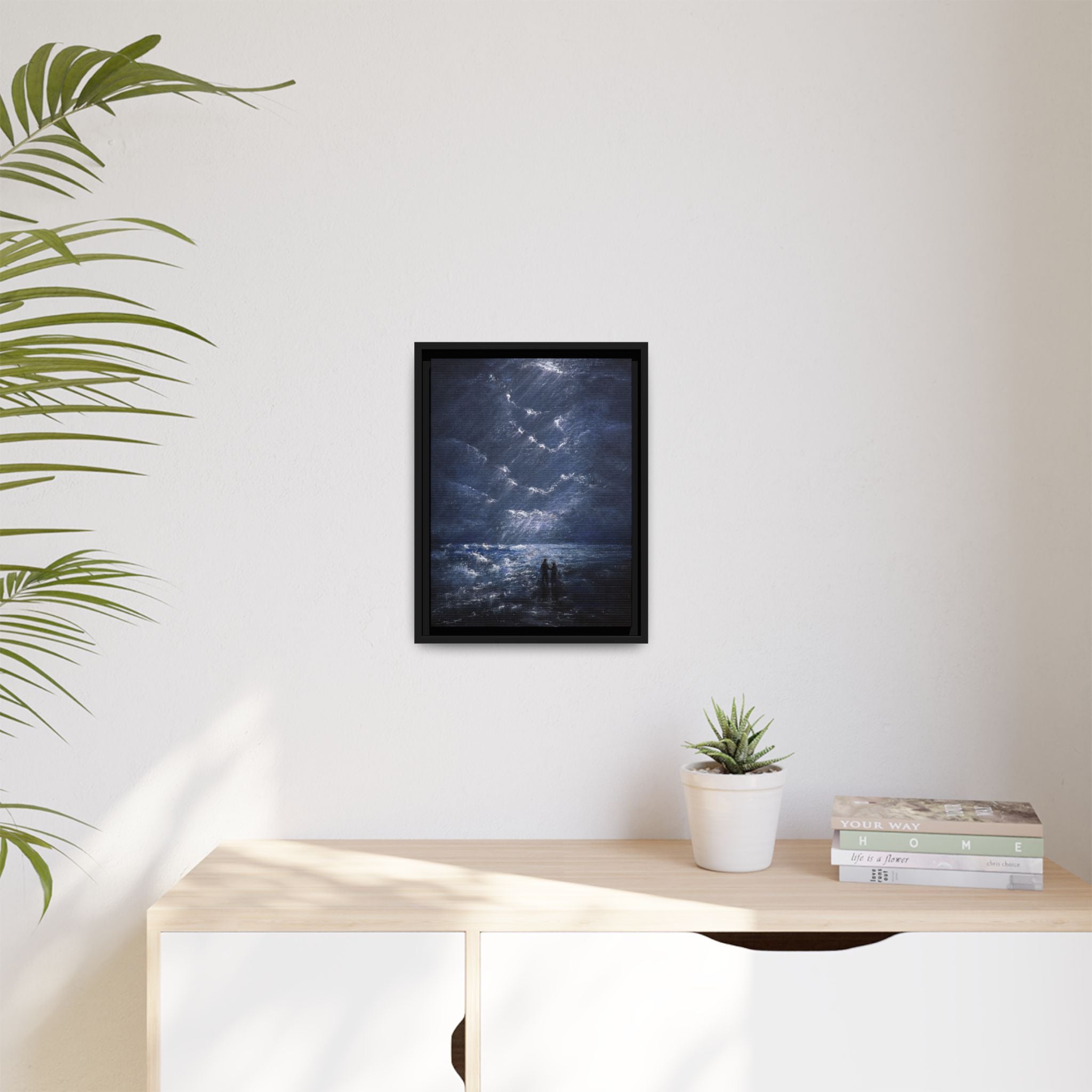 Couple on Shore at Night - Framed Canvas Art