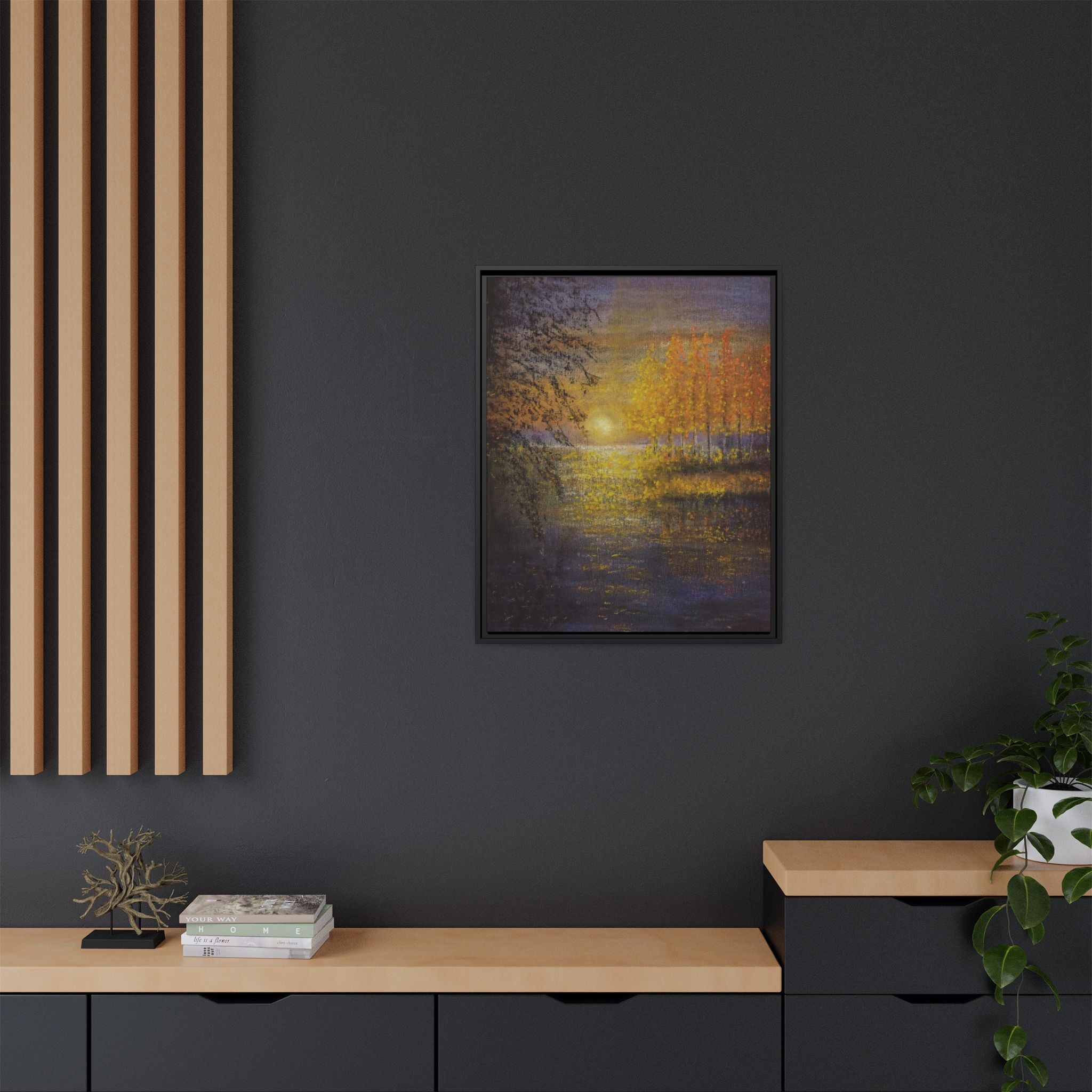 Framed Matte Canvas Painting - Golden Trees Over Tranquil Lake