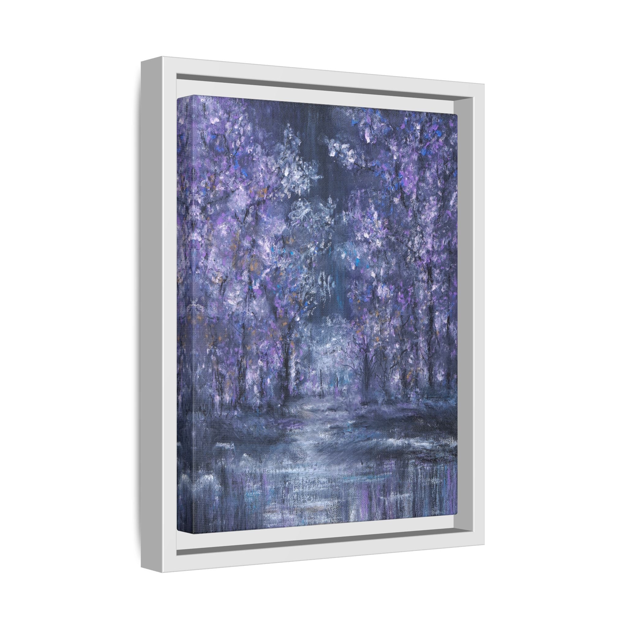 Framed Matte Canvas Art – Lavender Forest Moonlit Landscape