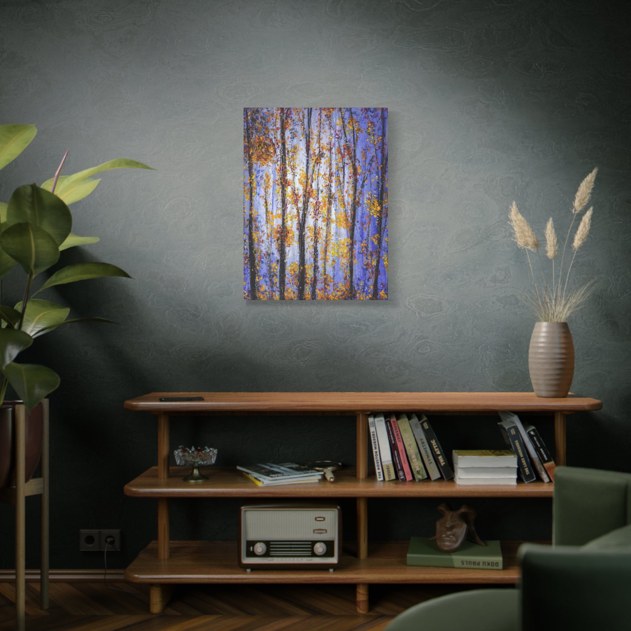 Autumn Aspens Matte Stretched Canvas – Purple & Gold Forest Wall Art (1.25")