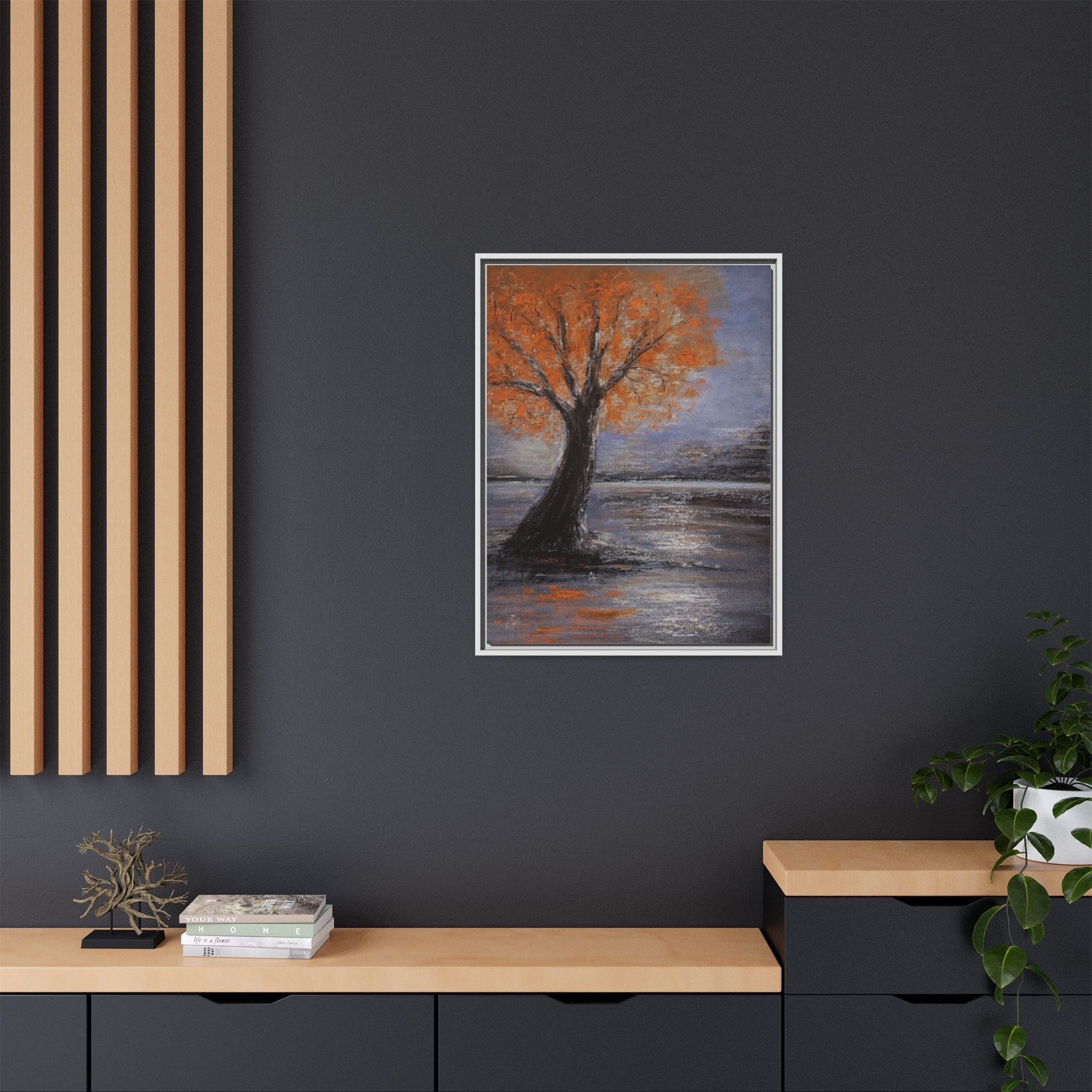 Framed Autumn Tree Canvas Print — Orange Tree Landscape Wall Art