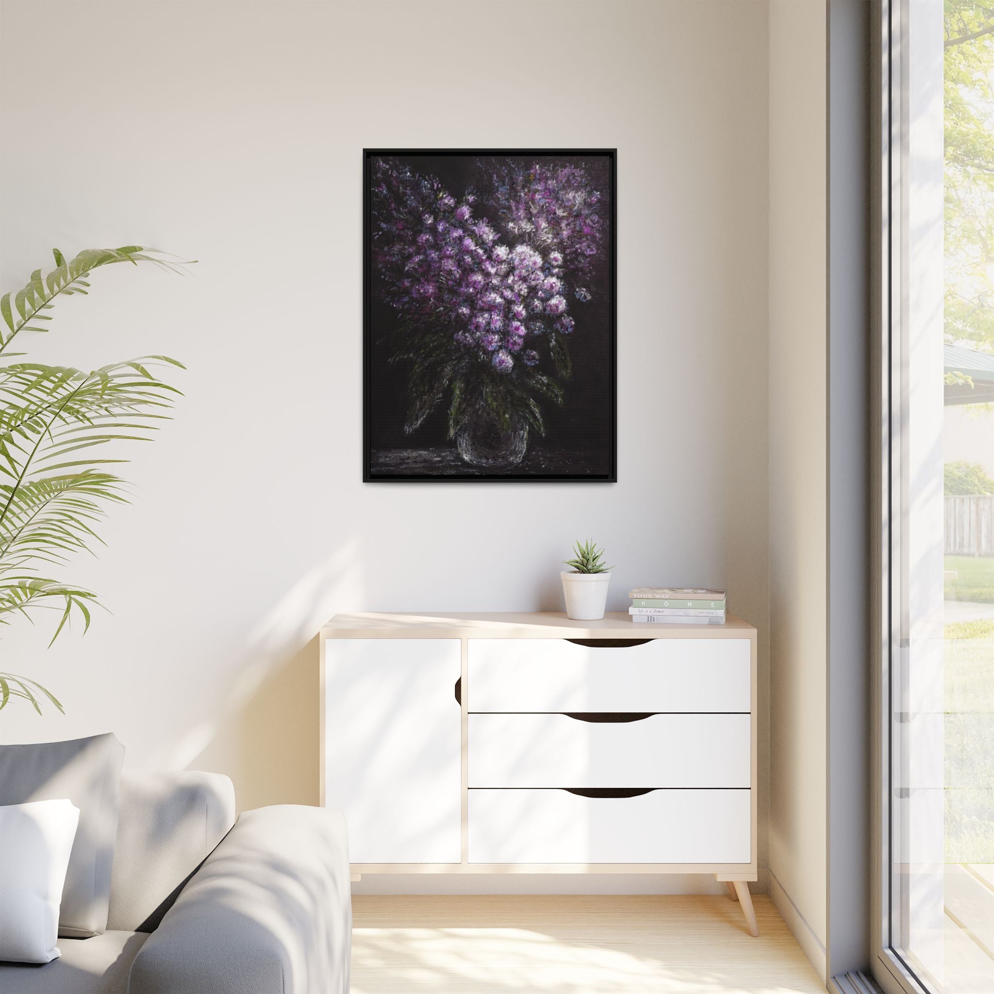 Framed Matte Canvas: Moody Purple Floral Bouquet Wall Art
