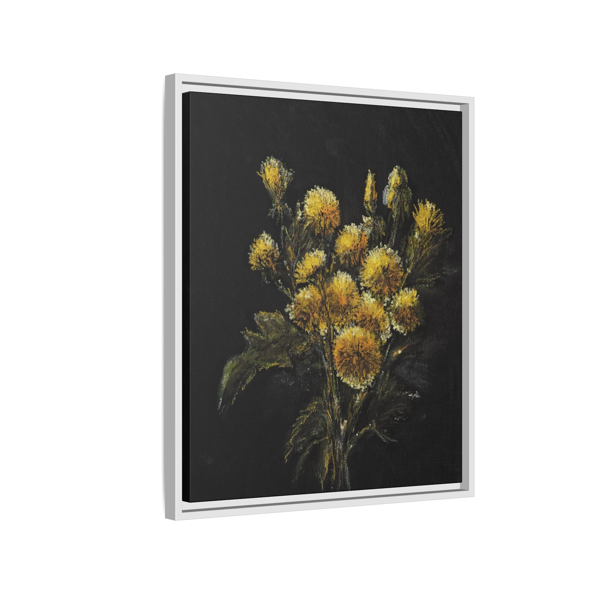 Framed Matte Canvas Print — Yellow Wildflower Bouquet on Black (Botanical Wall Art)