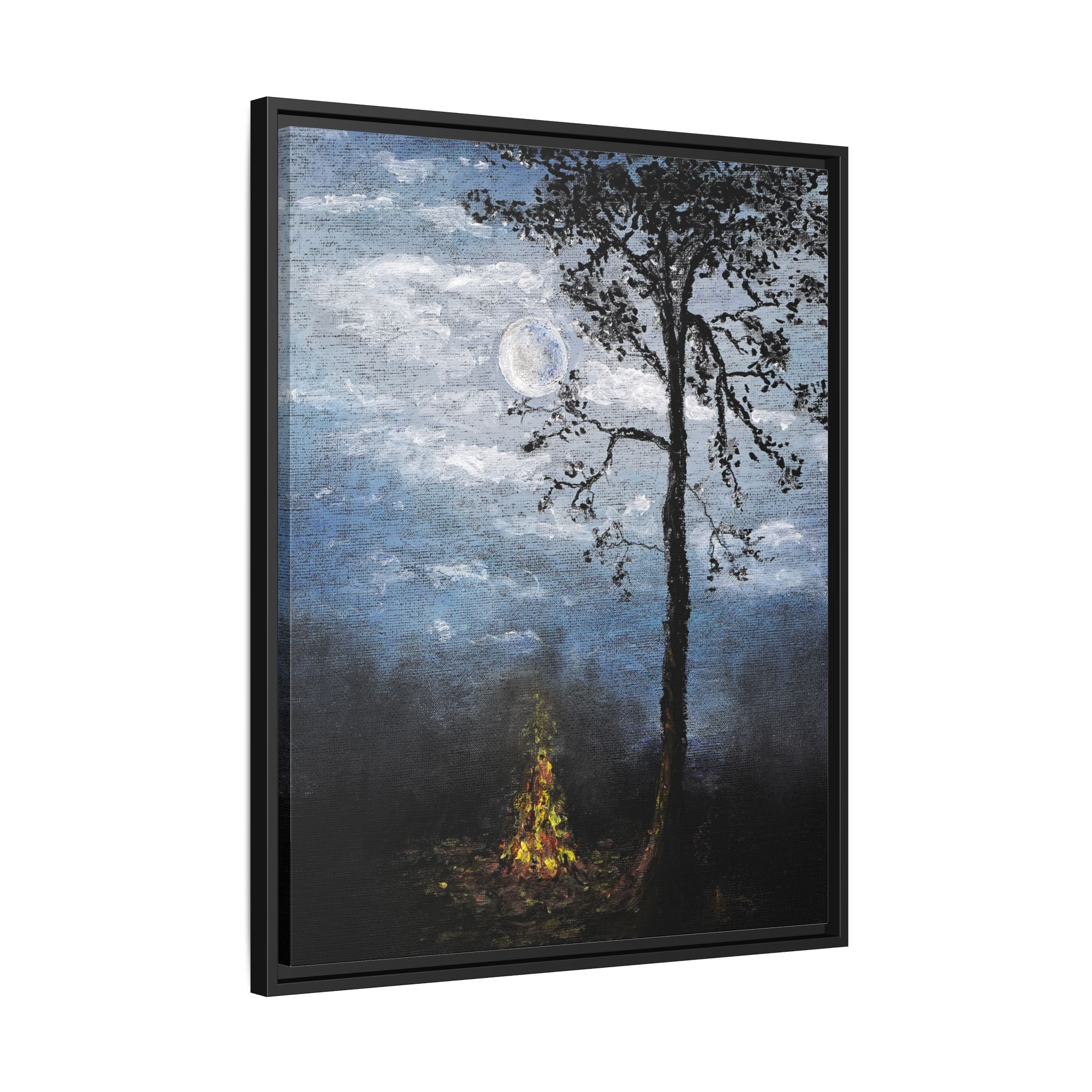 Framed Matte Canvas Print — Moonlit Campfire Landscape