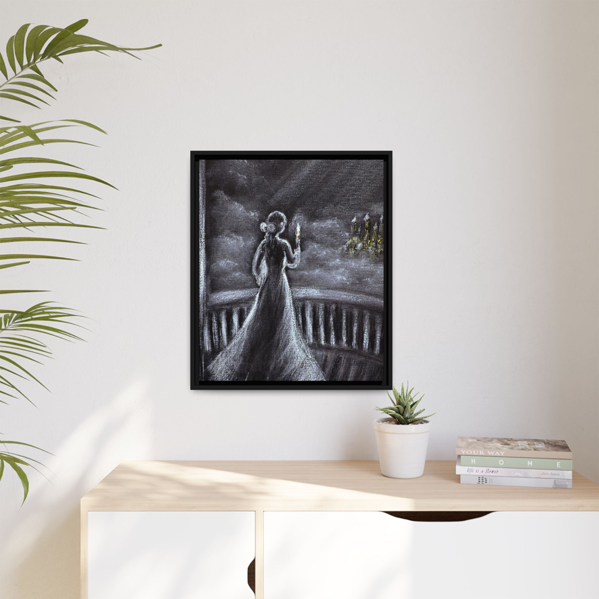 Framed Matte Canvas — Moonlit Lady on Balcony