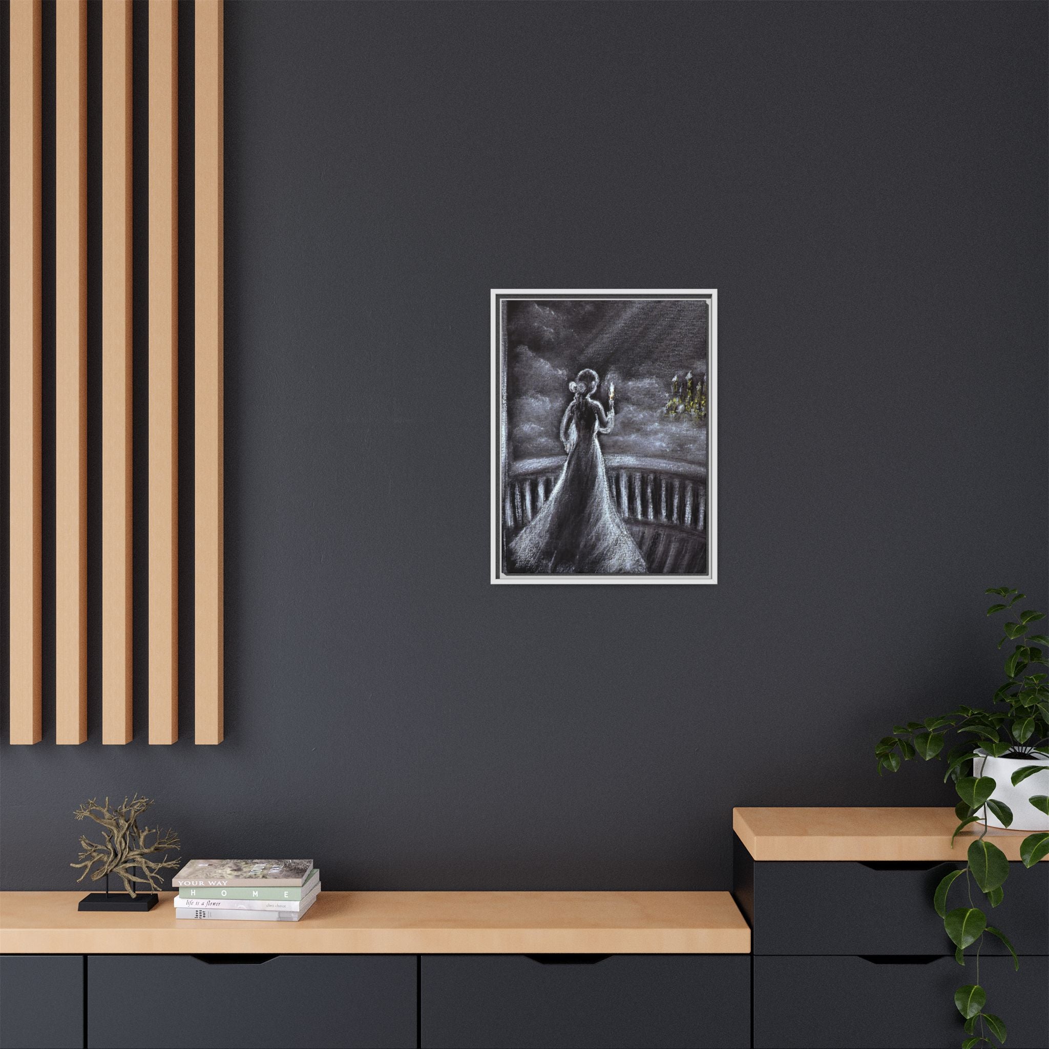 Framed Matte Canvas — Moonlit Lady on Balcony