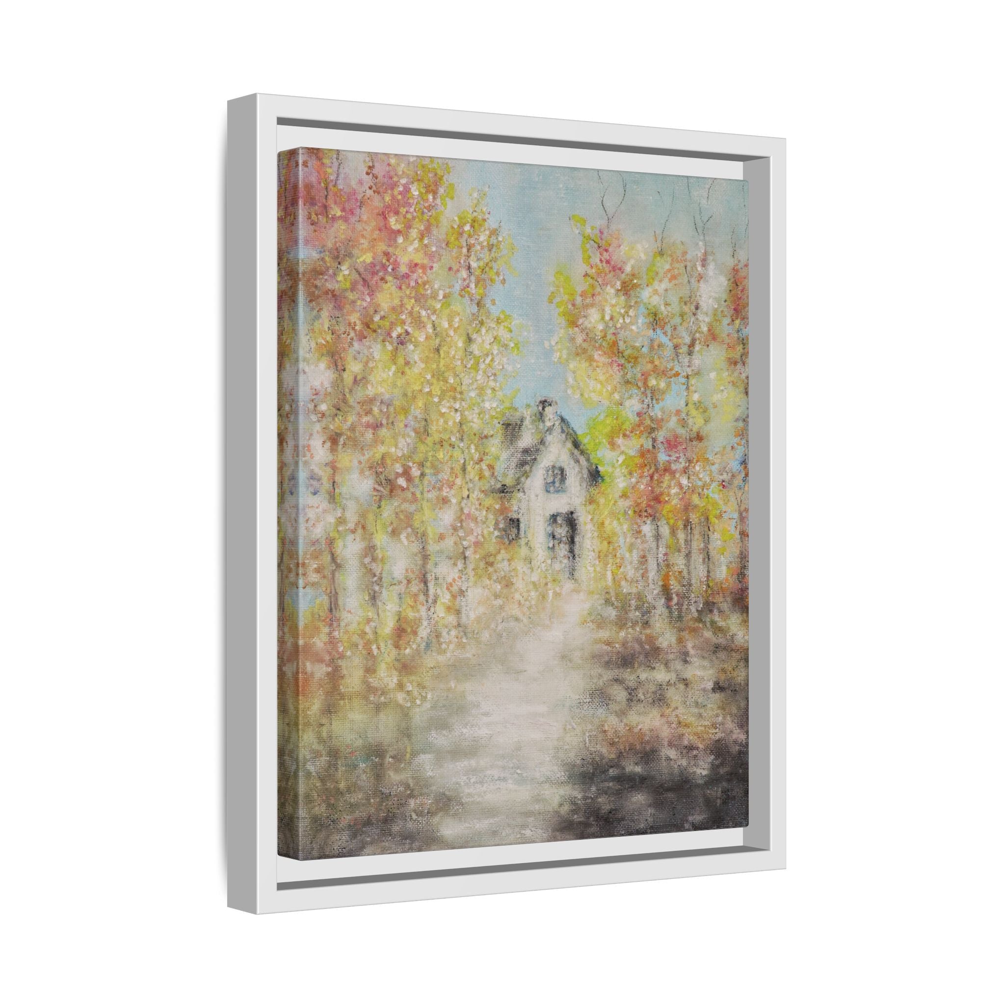 Framed Autumn Cottage Canvas Print — Rustic Fall Landscape Wall Art