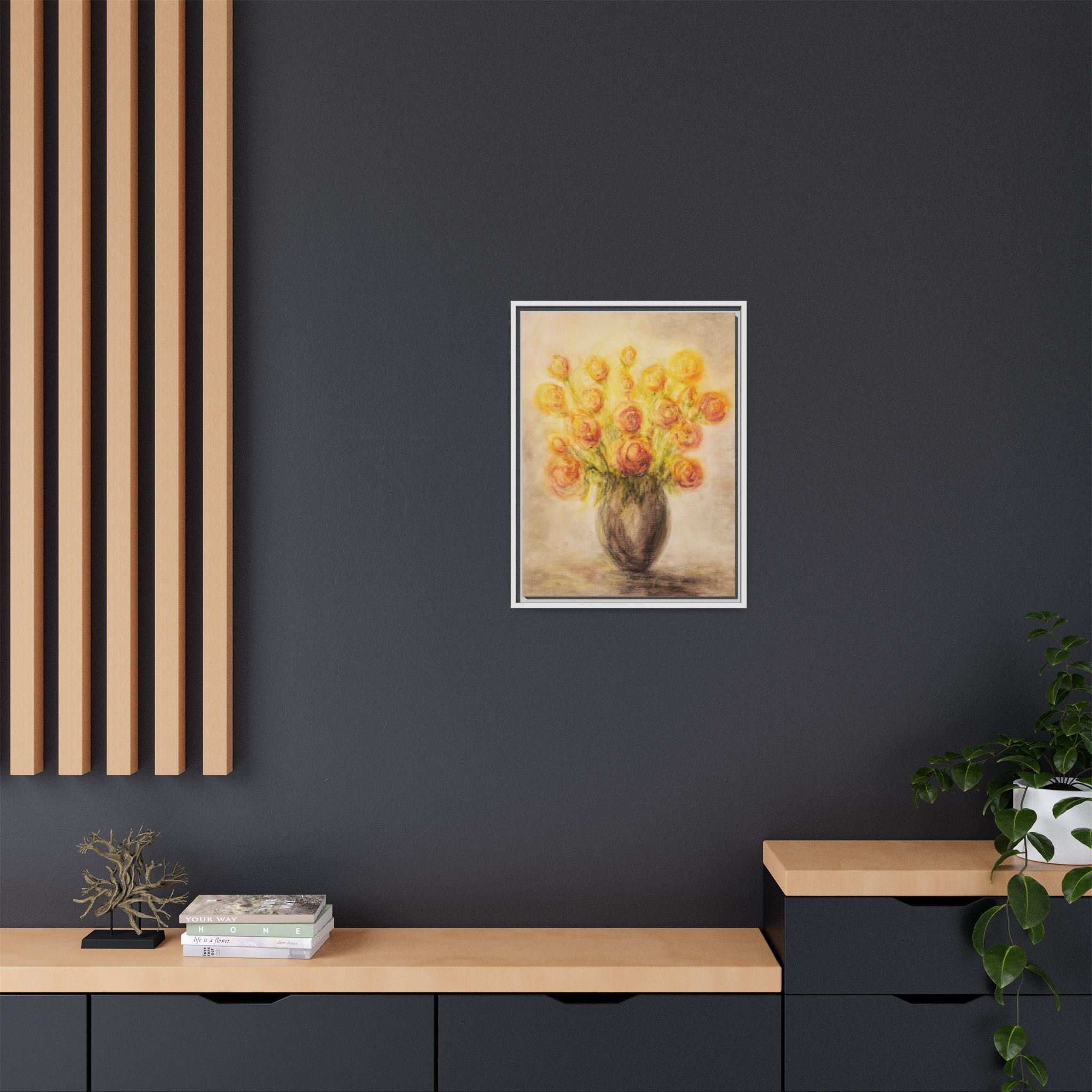 Framed Matte Canvas Floral Bouquet Wall Art — Yellow Rose Vase Print